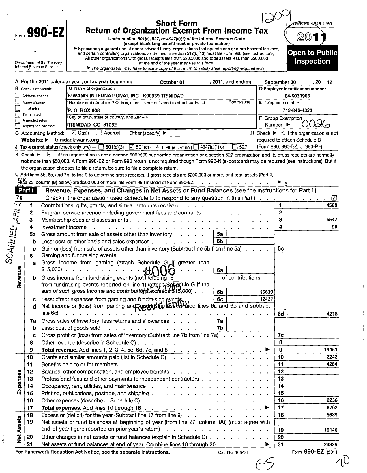 Image of first page of 2011 Form 990EO for Kiwanis International - K00939 Trinidad