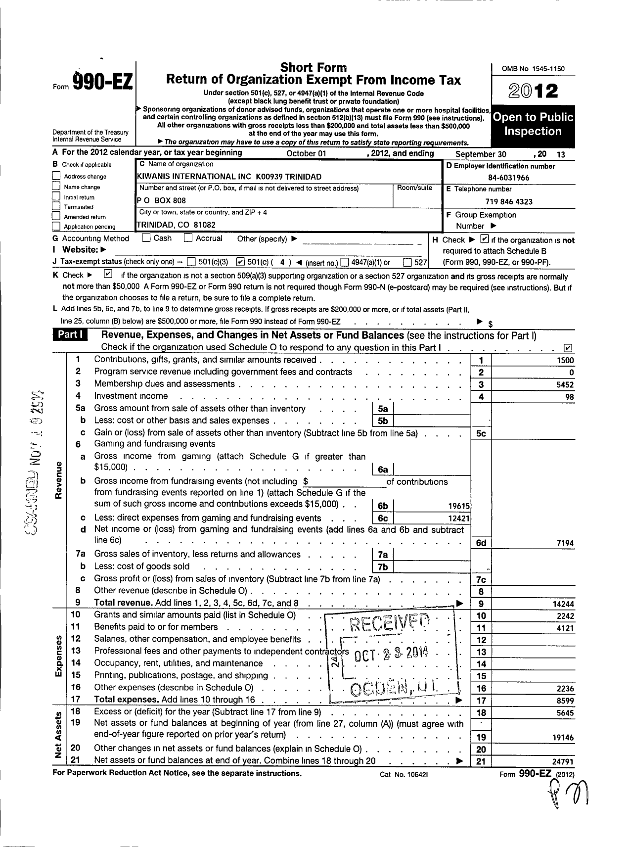 Image of first page of 2012 Form 990EO for Kiwanis International - K00939 Trinidad