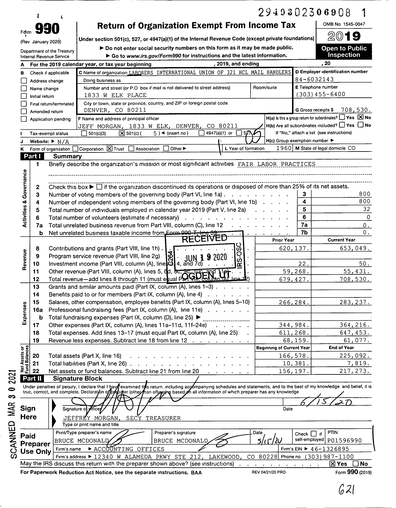 Image of first page of 2019 Form 990O for Laborers' International Union of North America - National Postal Mail Handlers Union Local 321