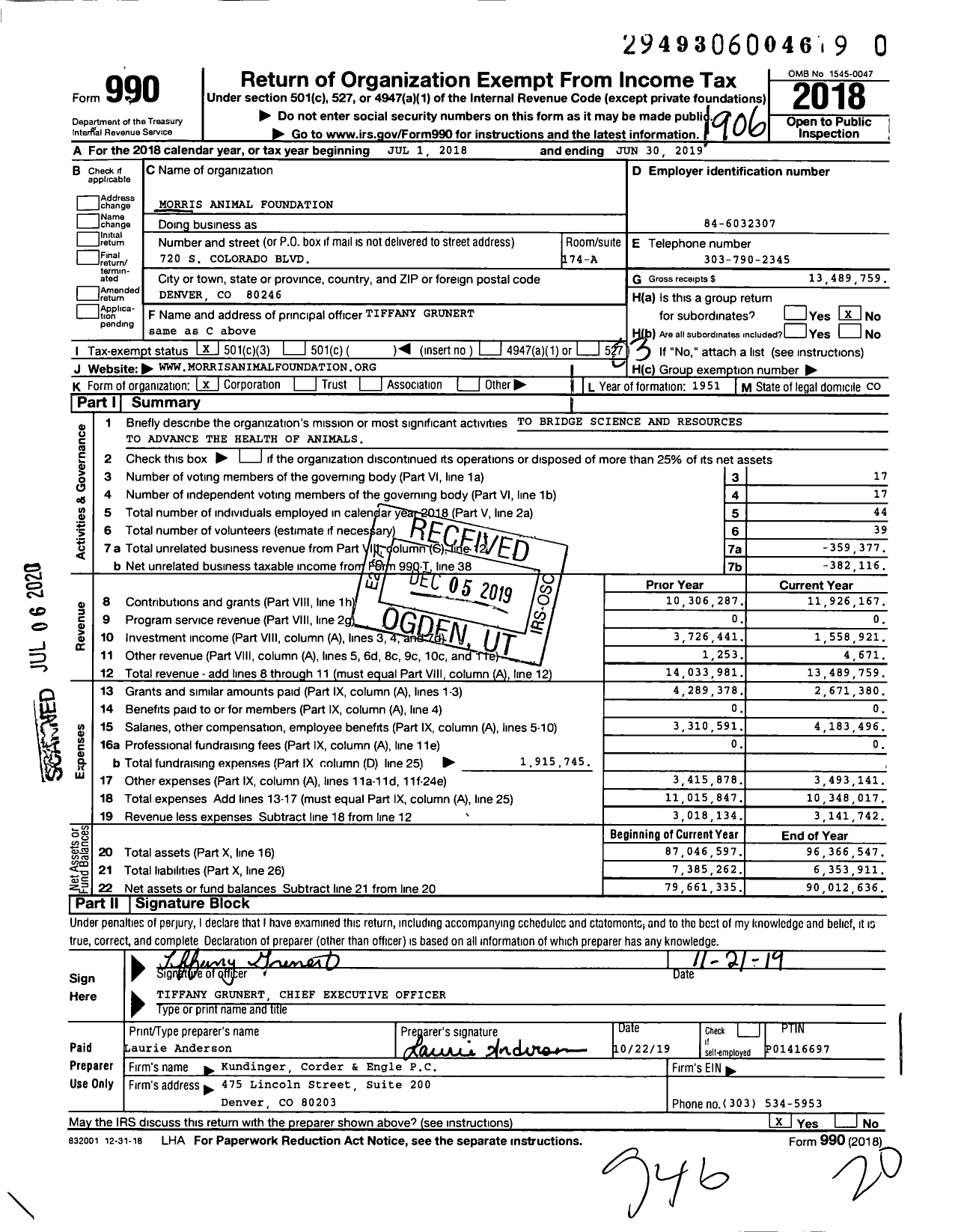Image of first page of 2018 Form 990 for Morris Animal Foundation (MAF)