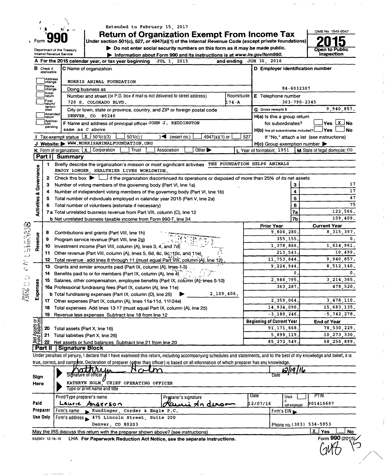Image of first page of 2015 Form 990 for Morris Animal Foundation (MAF)