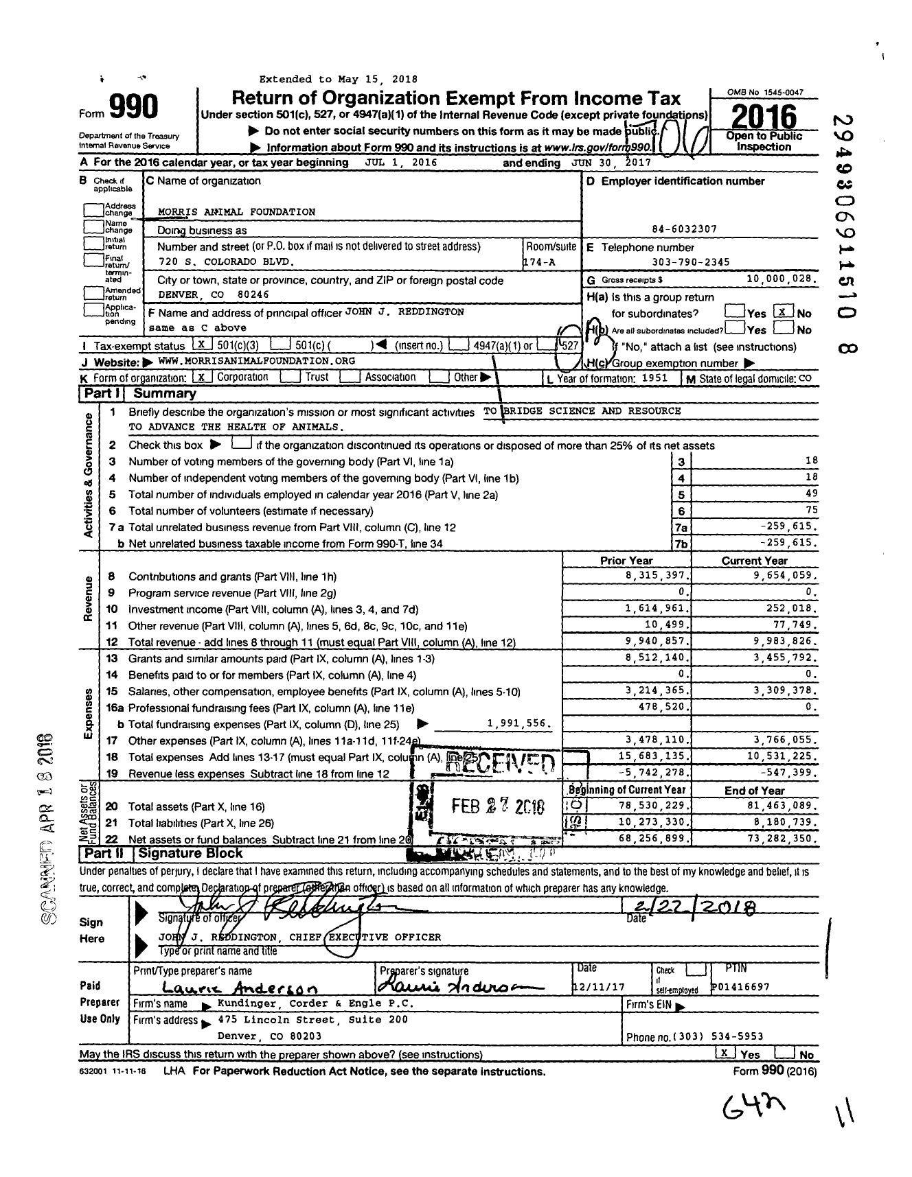 Image of first page of 2016 Form 990 for Morris Animal Foundation (MAF)