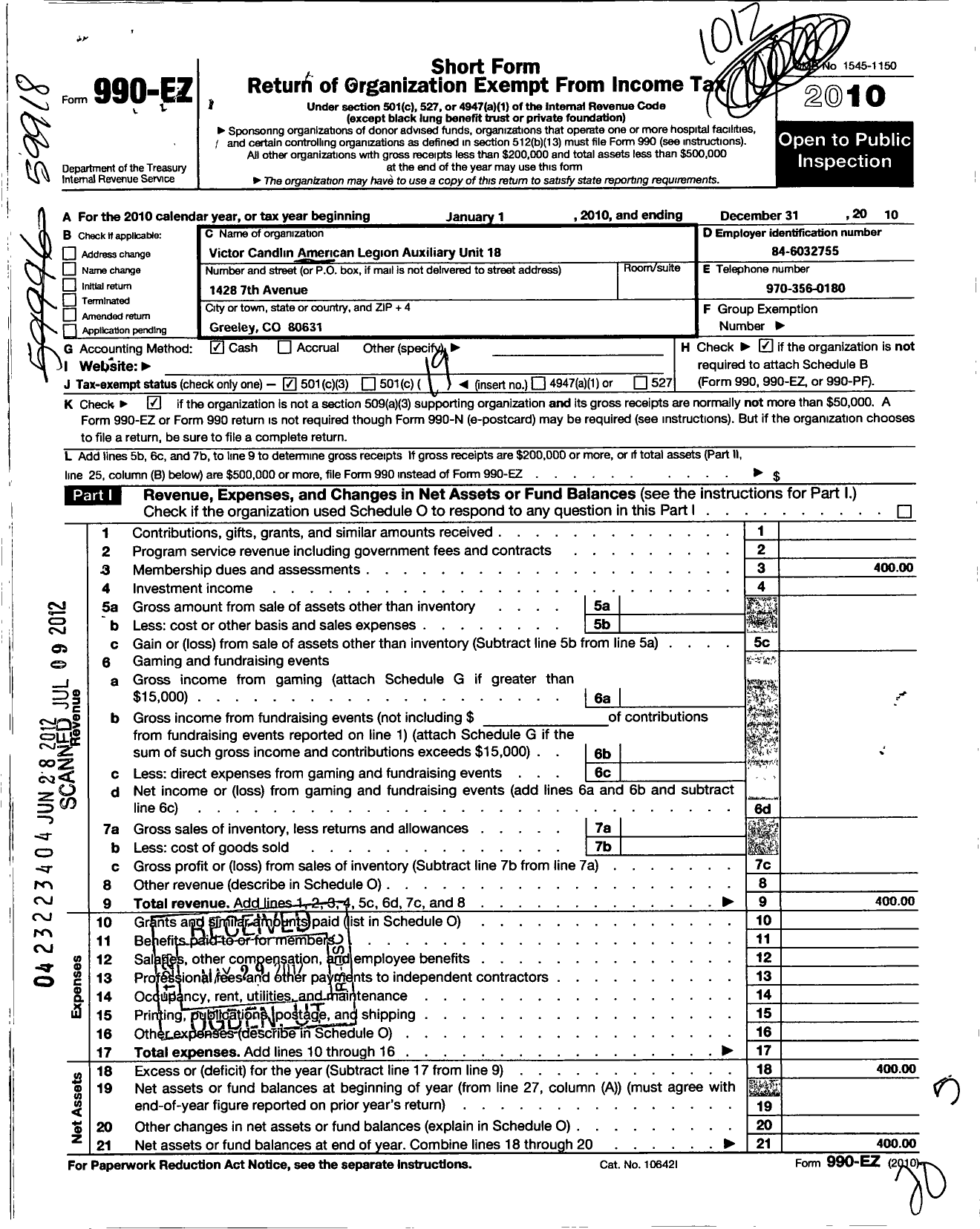 Image of first page of 2010 Form 990EO for American Legion Auxiliary - 18 Victor Candlin