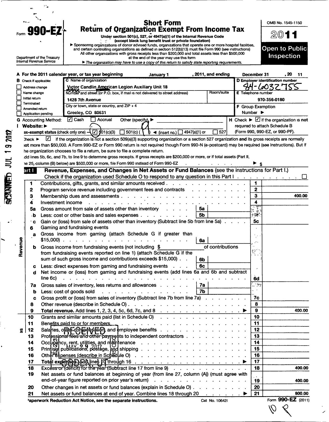 Image of first page of 2011 Form 990EO for American Legion Auxiliary - 18 Victor Candlin