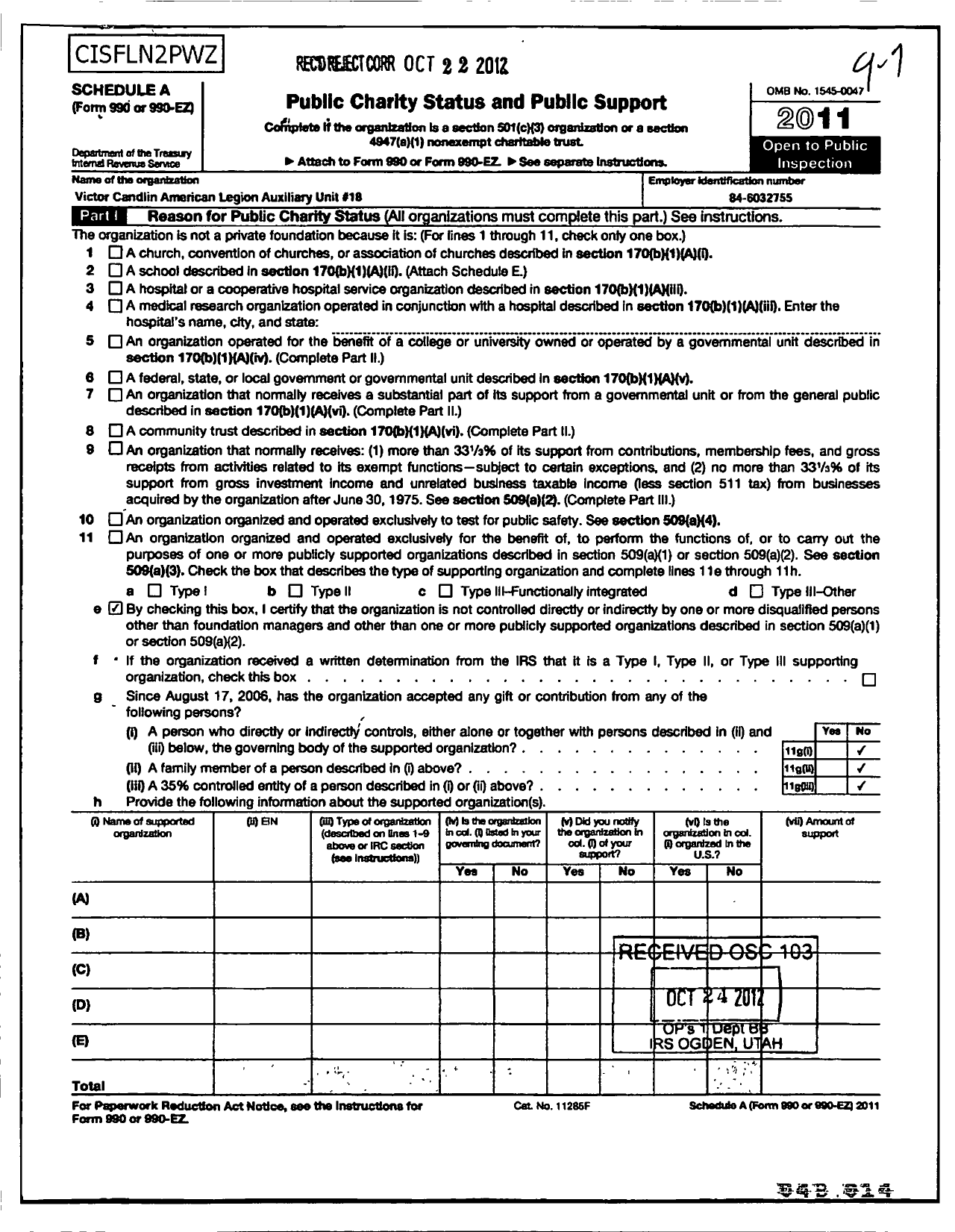 Image of first page of 2011 Form 990EOR for American Legion Auxiliary - 18 Victor Candlin