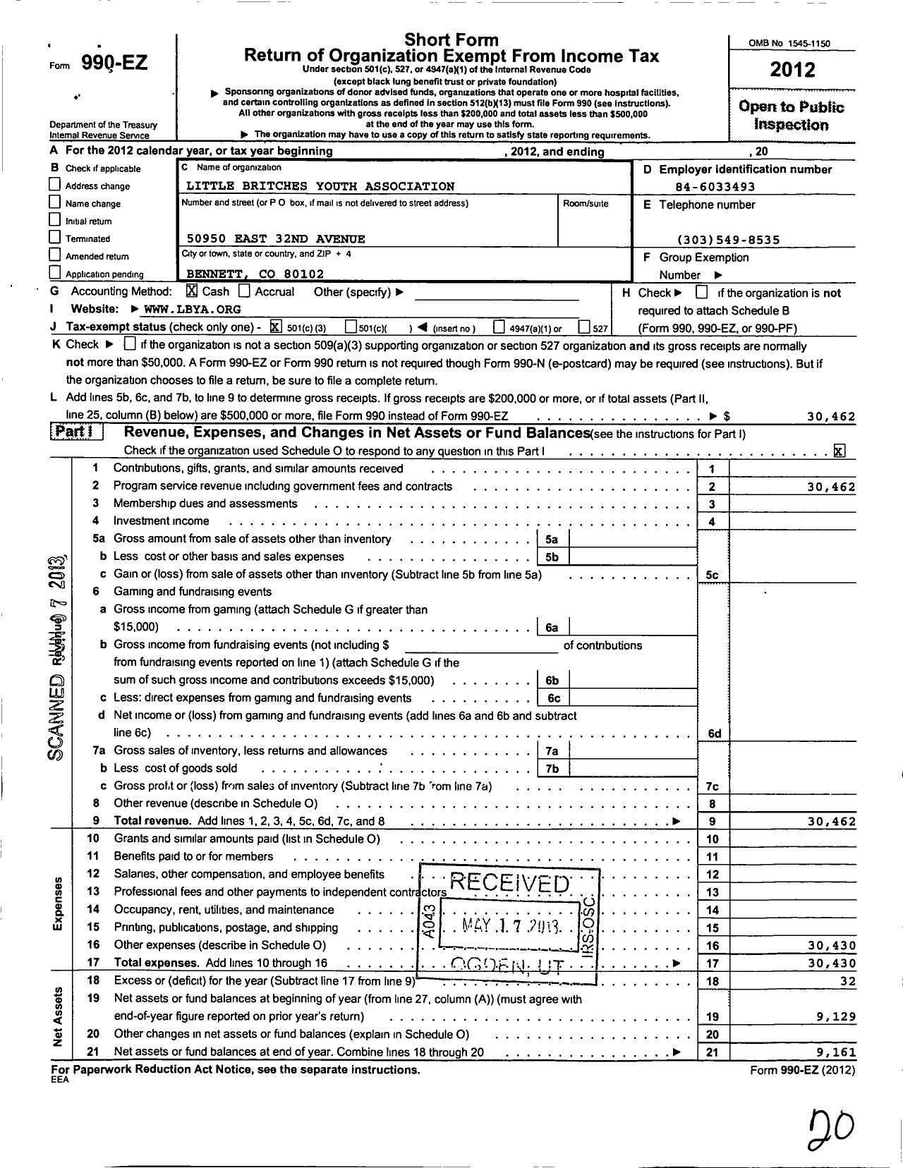 Image of first page of 2012 Form 990EZ for Little Britches Youth Association