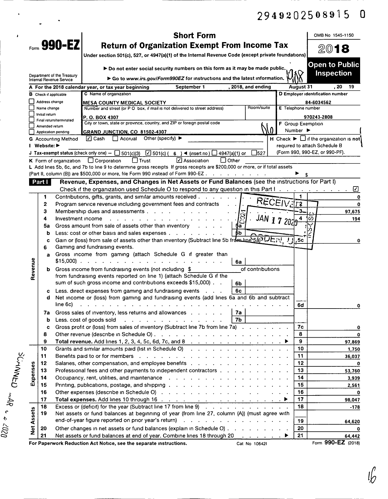 Image of first page of 2018 Form 990EO for Mesa County Medical Society