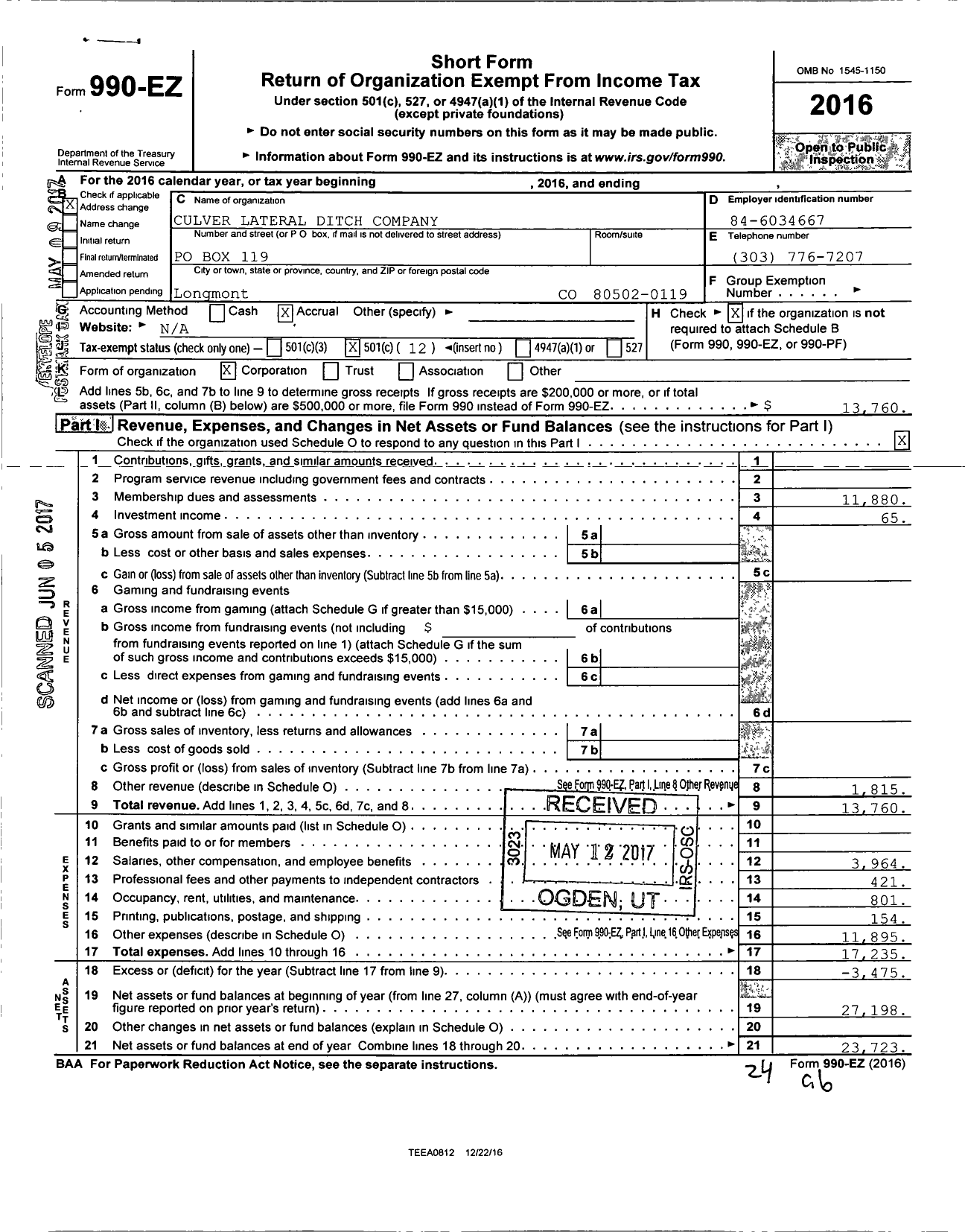 Image of first page of 2016 Form 990EO for Culver Lateral Ditch Company
