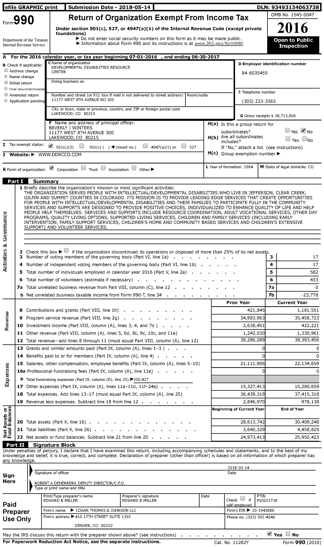 Image of first page of 2016 Form 990 for Developmental Disabilities Resource Center (DDRC)