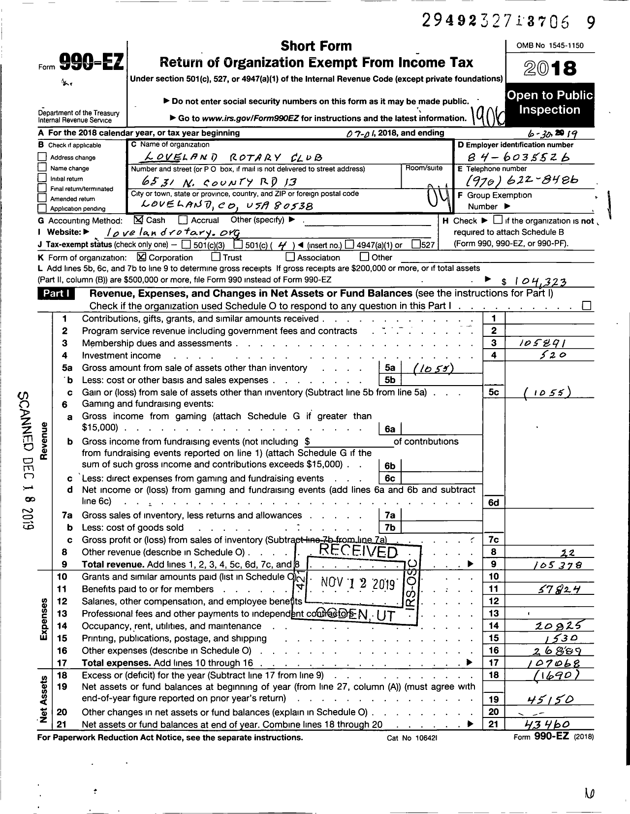 Image of first page of 2018 Form 990EO for Rotary International - Loveland