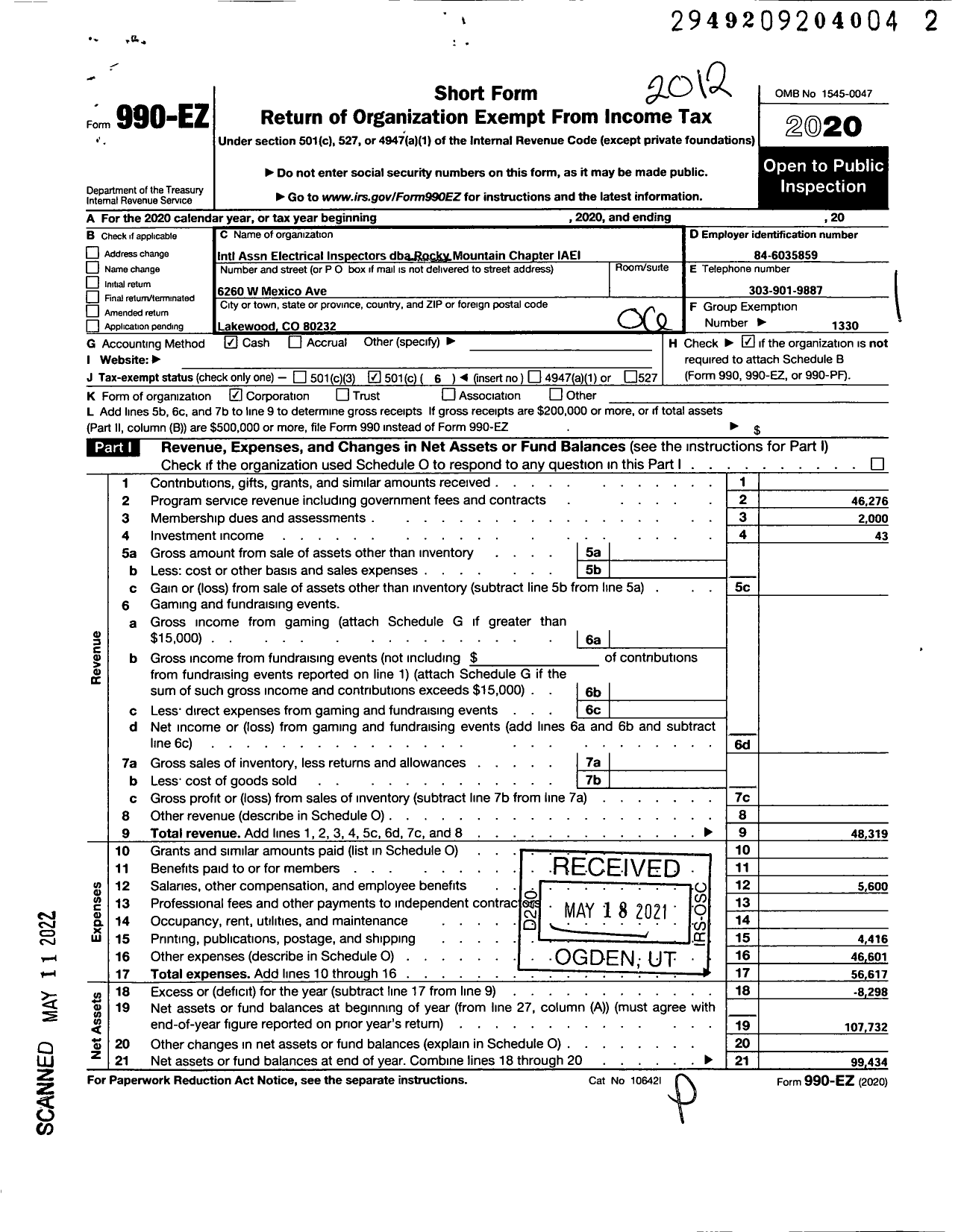 Image of first page of 2020 Form 990EO for International Association of Electrical Inspectors - 9660 Rocky Mountain Chapt