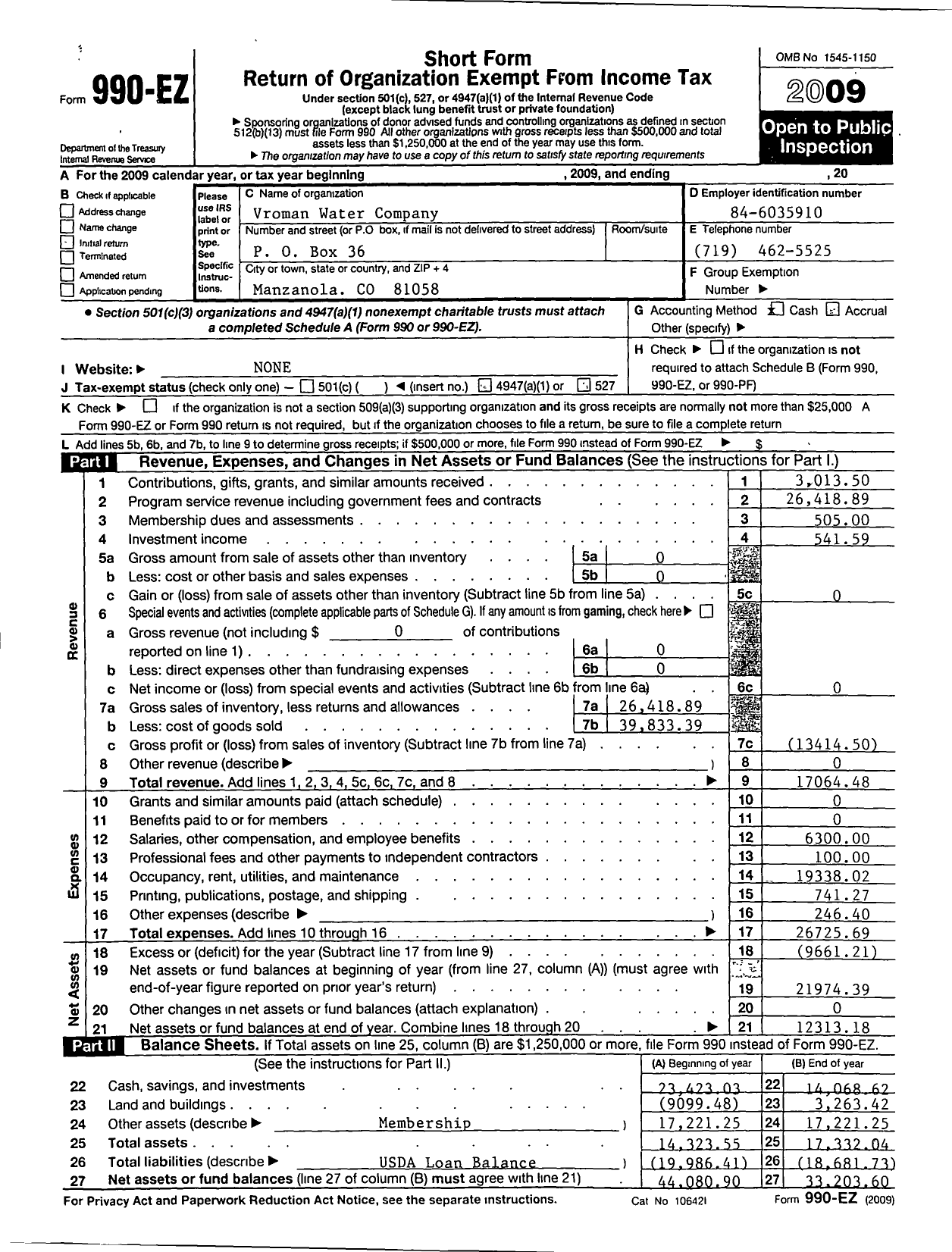 Image of first page of 2009 Form 990ER for Vroman Water Company