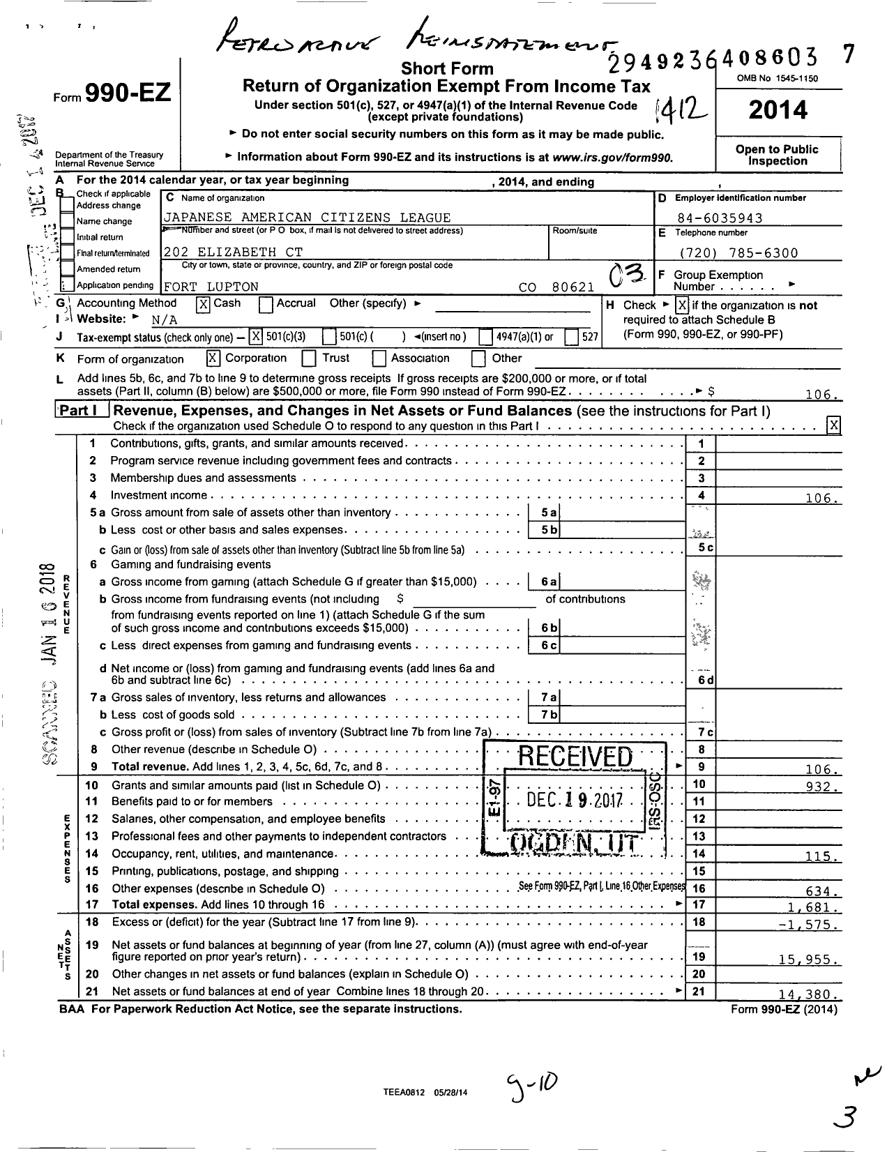 Image of first page of 2014 Form 990EZ for Japanese American Citizens League / Fort Lupton Chapter