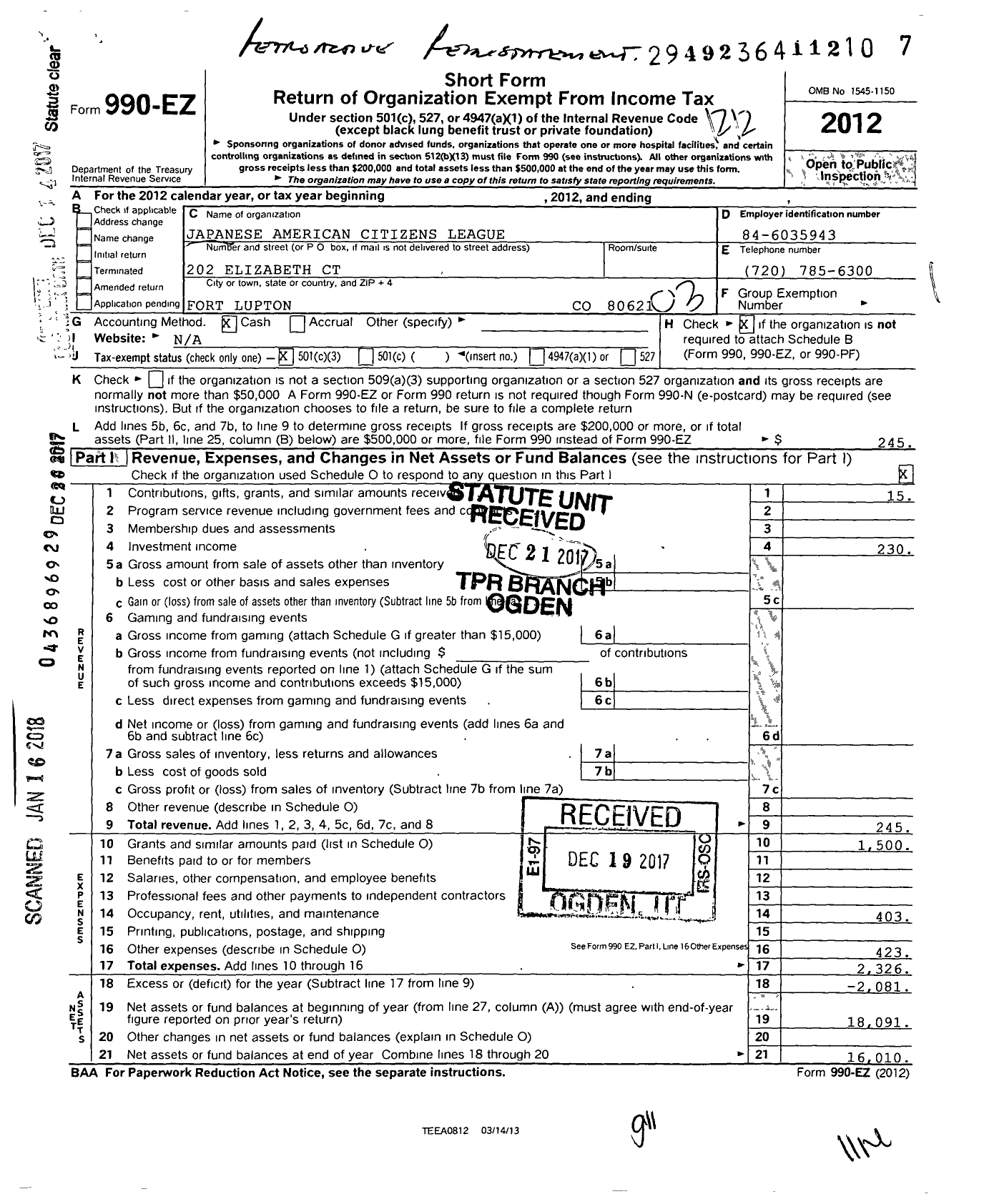 Image of first page of 2012 Form 990EZ for Japanese American Citizens League / Fort Lupton Chapter