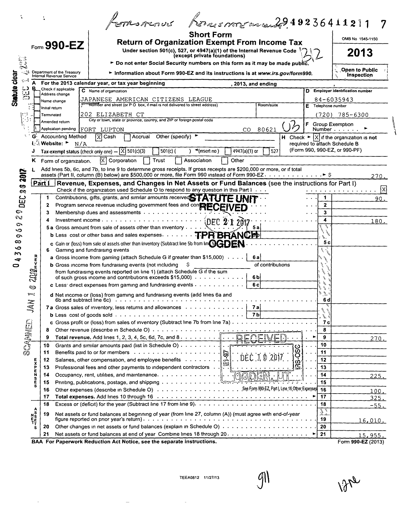 Image of first page of 2013 Form 990EZ for Japanese American Citizens League / Fort Lupton Chapter