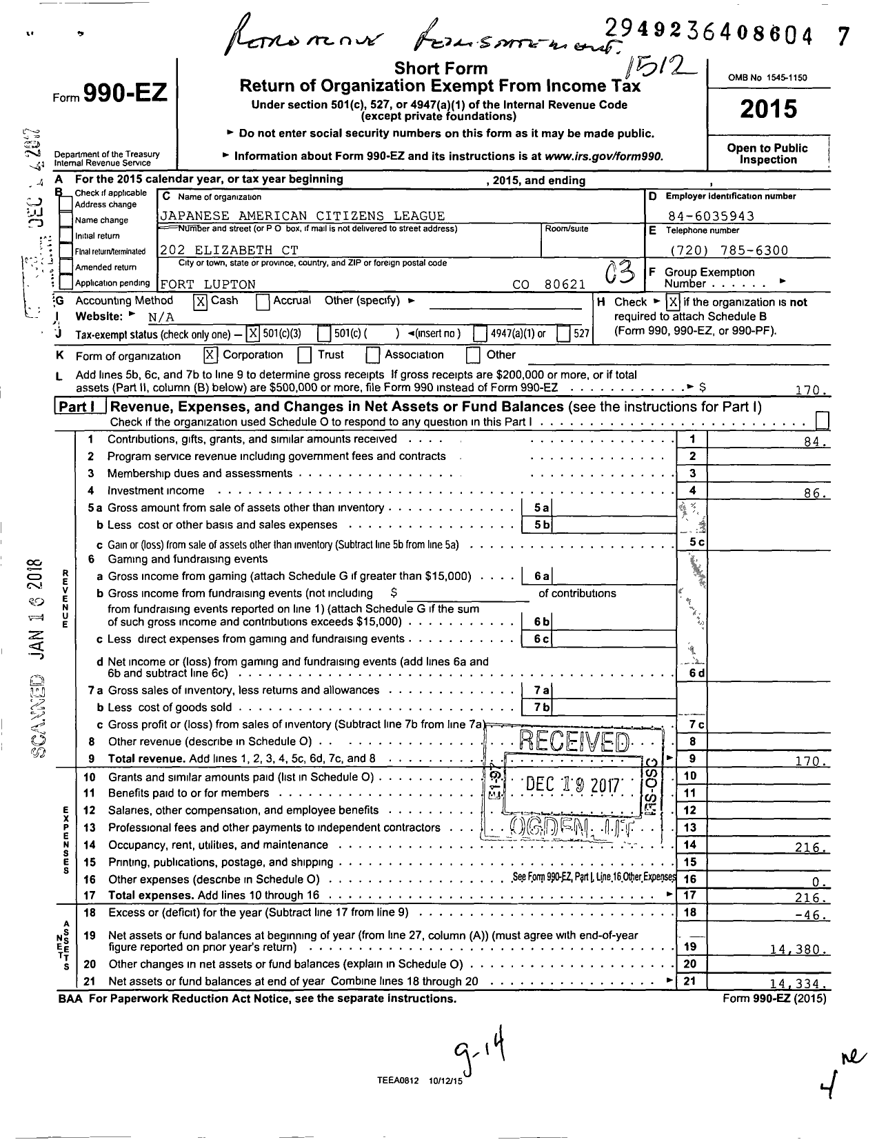 Image of first page of 2015 Form 990EZ for Japanese American Citizens League / Fort Lupton Chapter