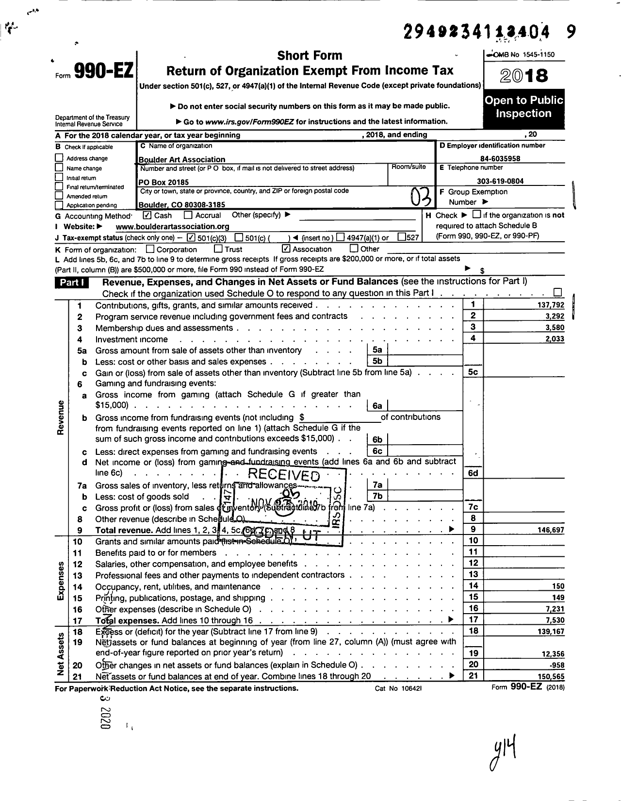 Image of first page of 2018 Form 990EZ for Boulder Art Association