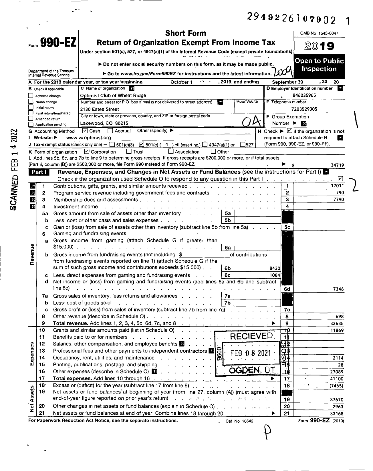 Image of first page of 2019 Form 990EO for Optimist International - 25215 Oc of Wheat Ridge Co