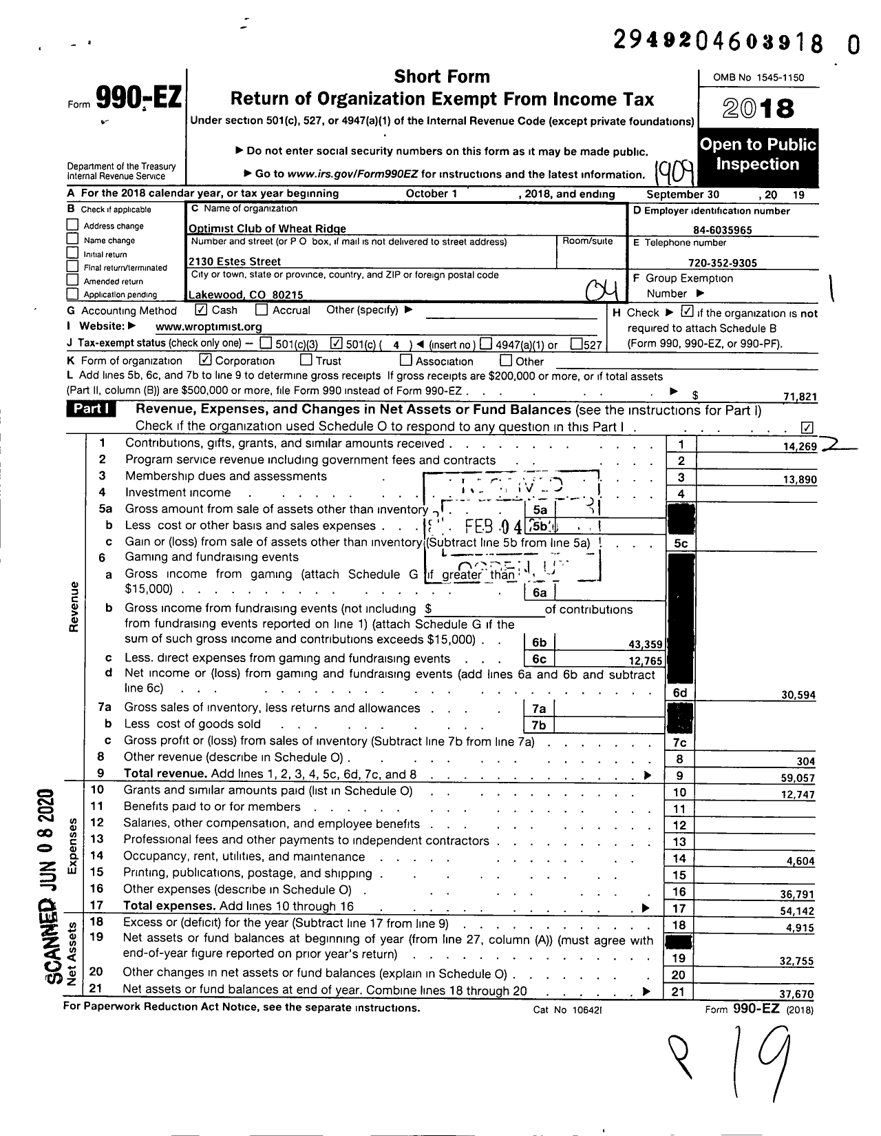 Image of first page of 2018 Form 990EO for Optimist International - 25215 Oc of Wheat Ridge Co