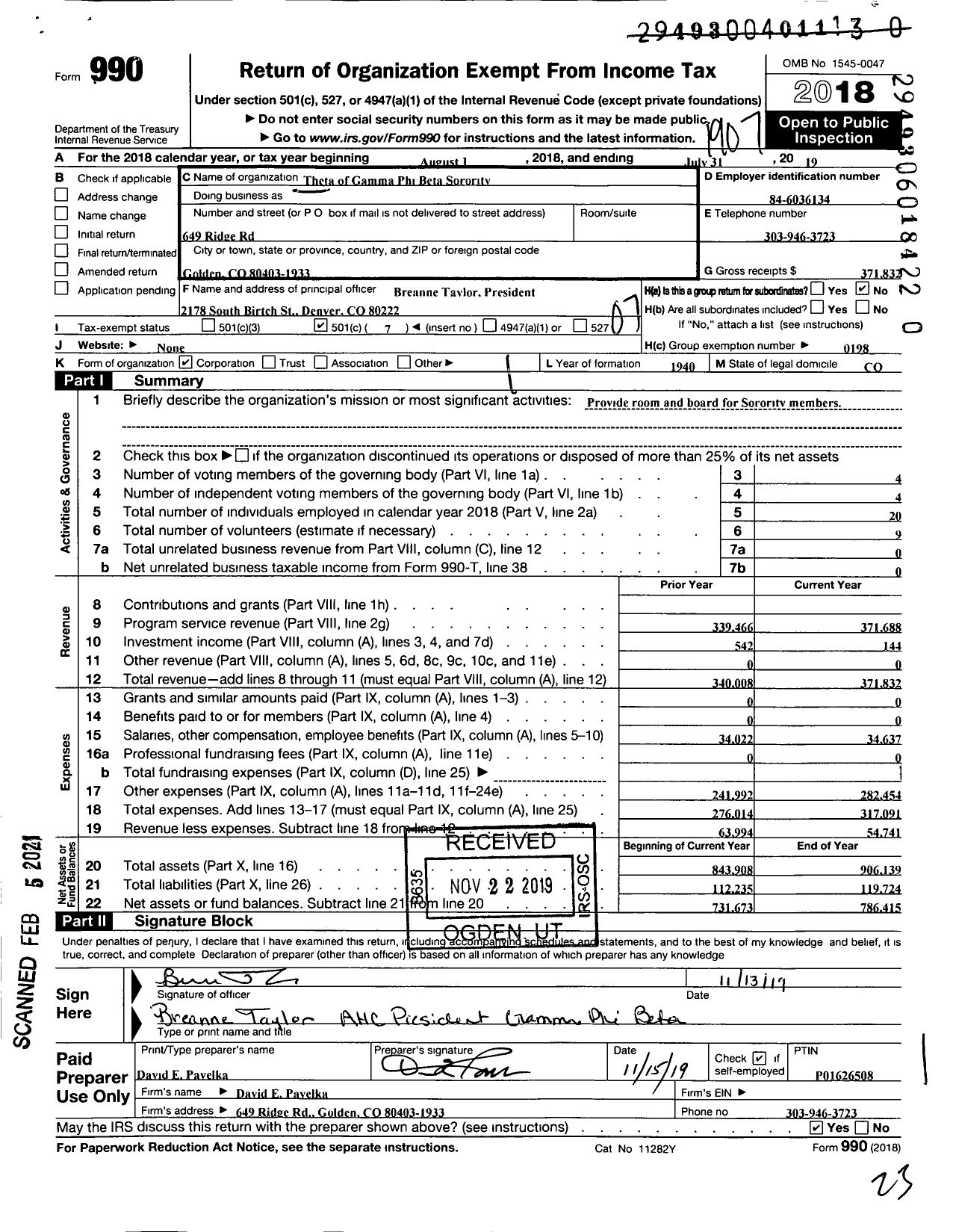 Image of first page of 2018 Form 990O for Gamma Phi Beta Sorority - Theta HCB