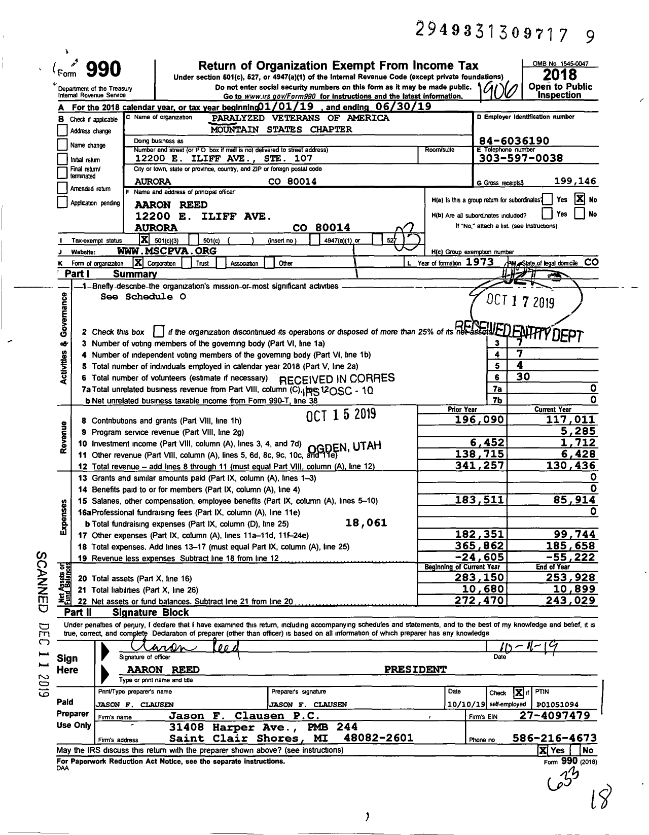 Image of first page of 2018 Form 990 for Paralyzed Veterans of America - Mountain States Chapter