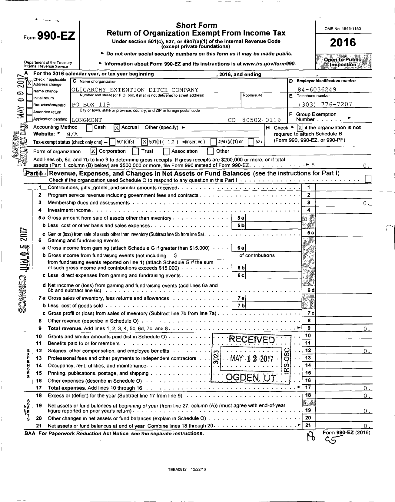 Image of first page of 2016 Form 990EO for Oligarchy Extension Ditch Company