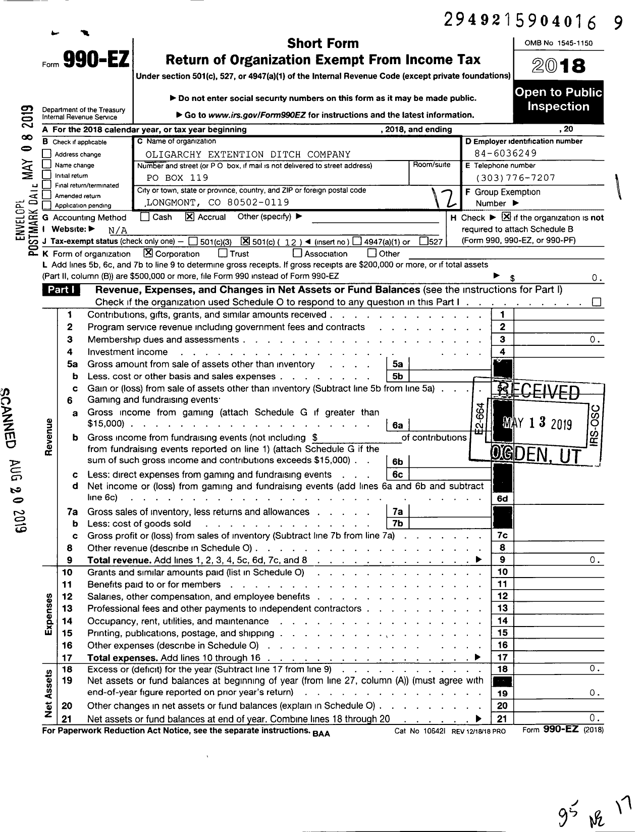 Image of first page of 2018 Form 990EO for Oligarchy Extension Ditch Company