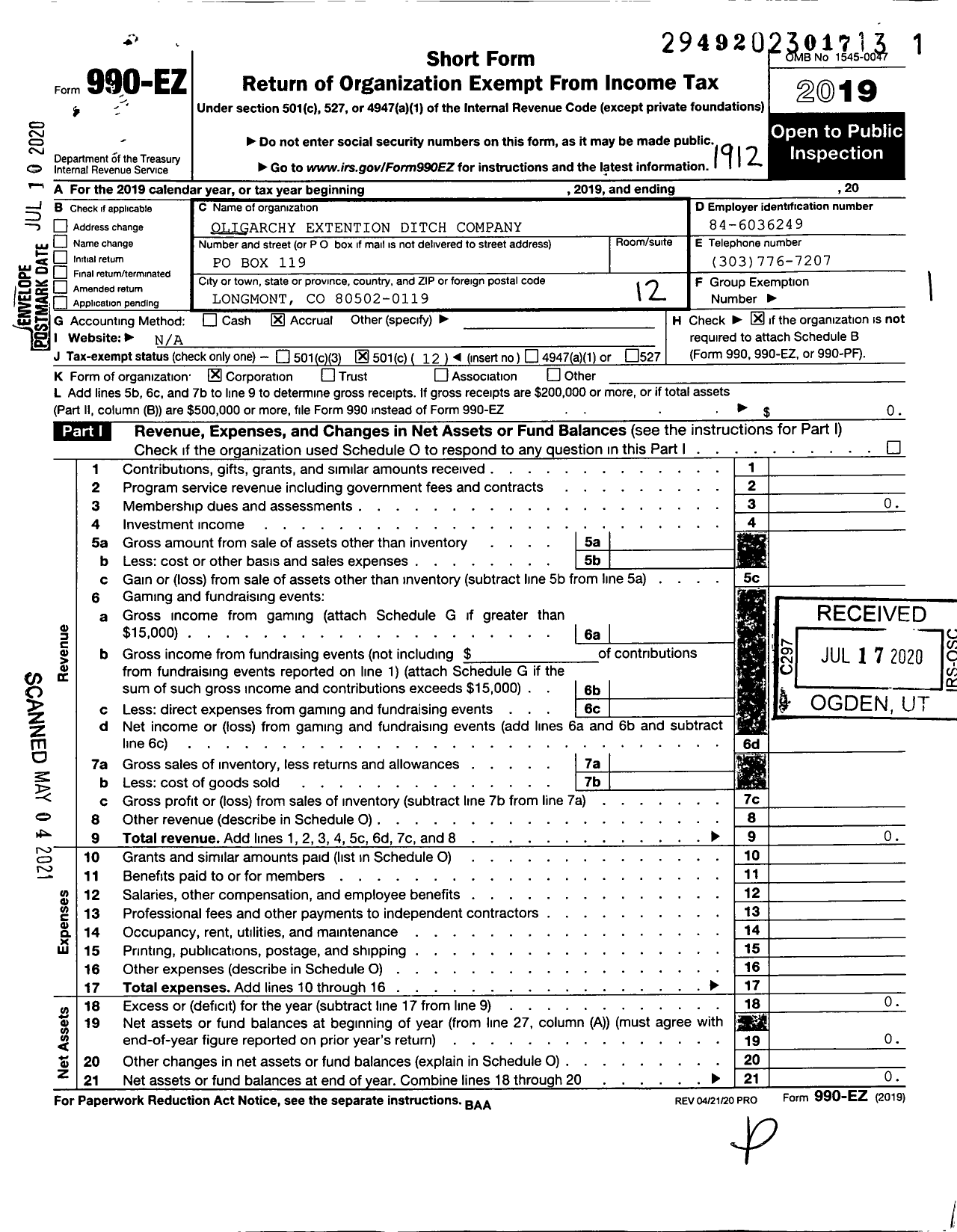 Image of first page of 2019 Form 990EO for Oligarchy Extension Ditch Company