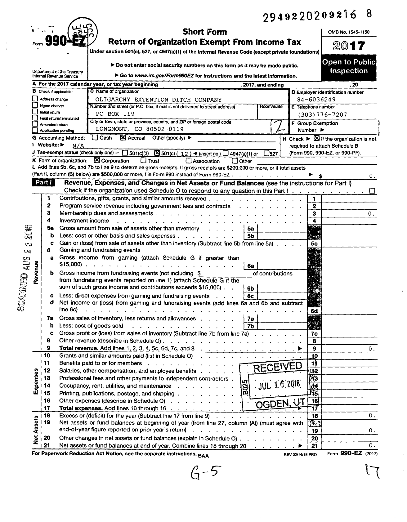 Image of first page of 2017 Form 990EO for Oligarchy Extension Ditch Company