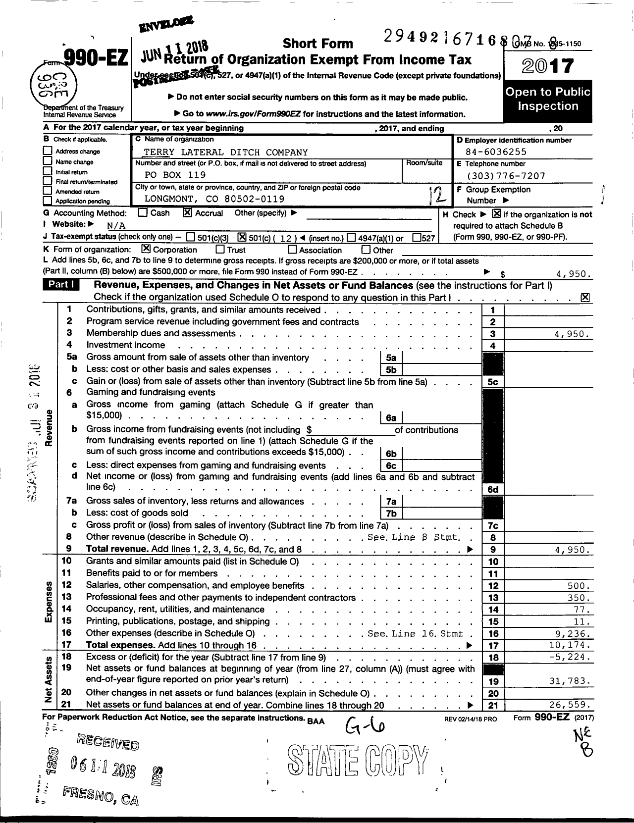 Image of first page of 2017 Form 990EO for Terry Lateral Ditch Company