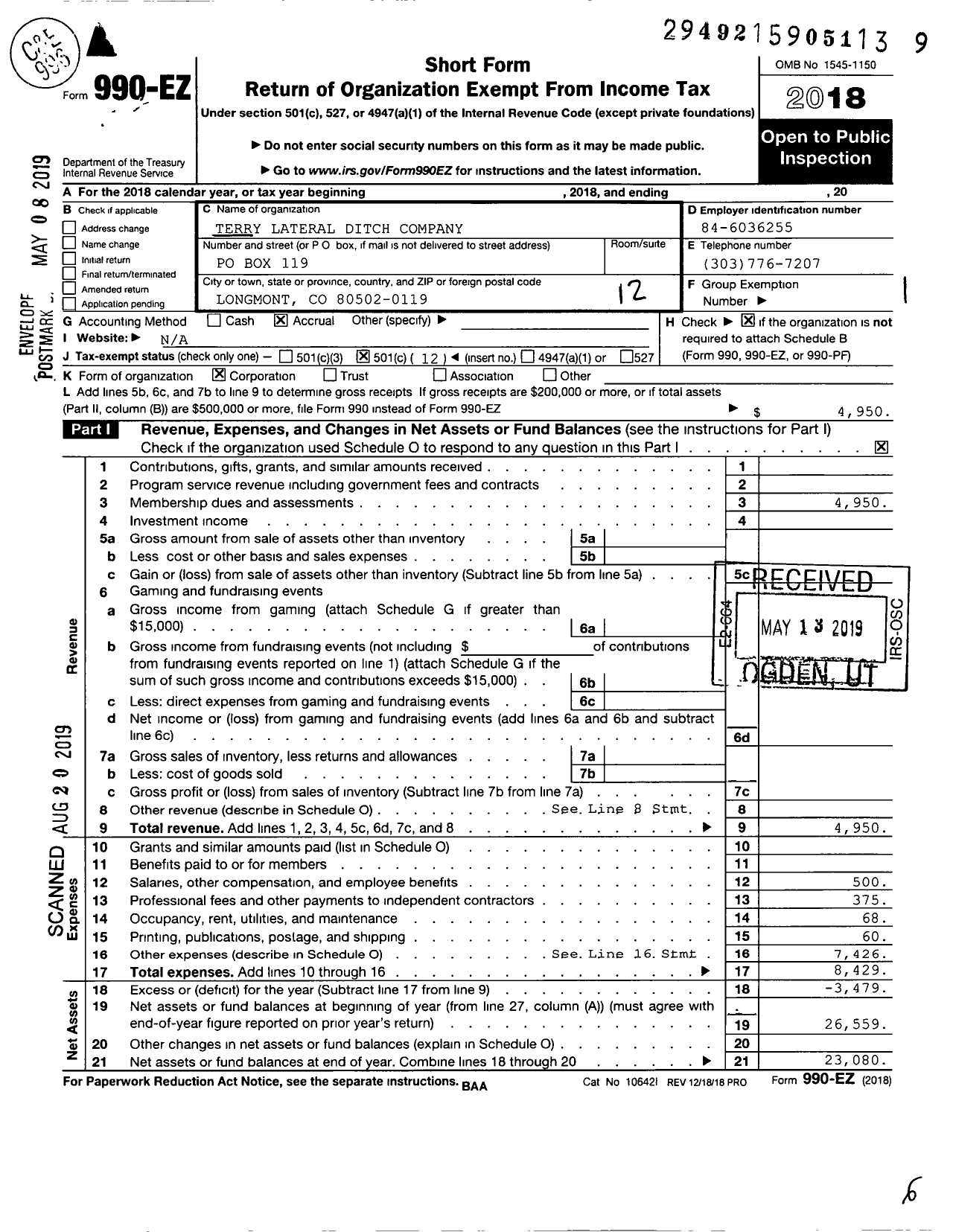 Image of first page of 2018 Form 990EO for Terry Lateral Ditch Company