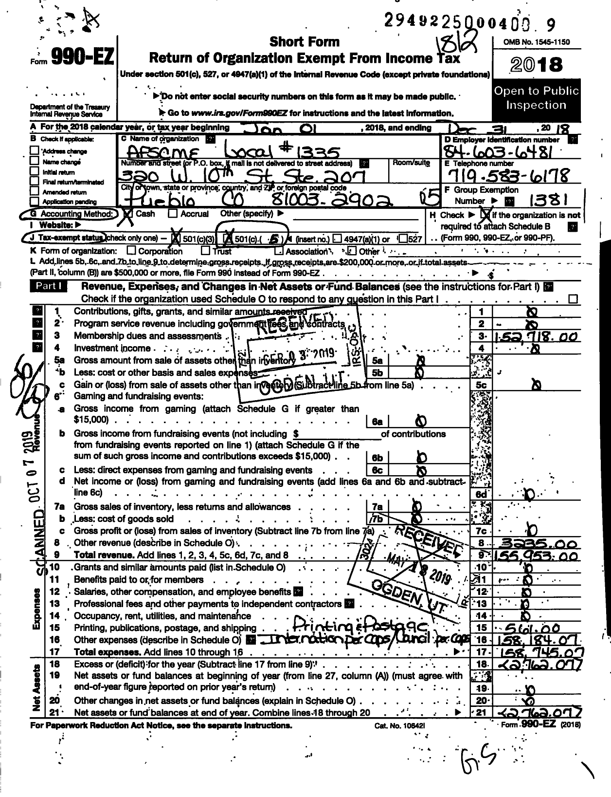 Image of first page of 2018 Form 990EO for American Federation of State County & Municipal Employees - L1335co Pueblo Social Service Empls