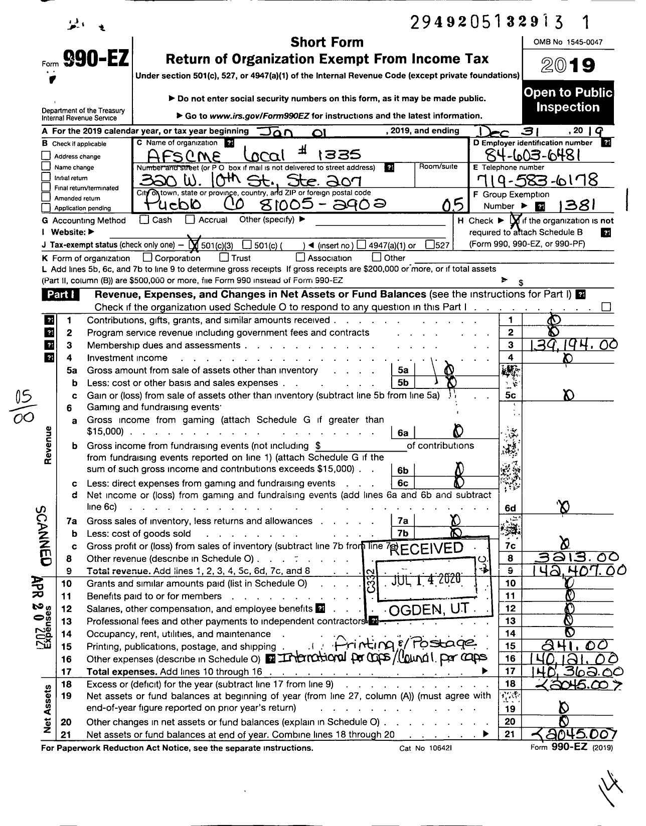 Image of first page of 2019 Form 990EO for American Federation of State County & Municipal Employees - L1335co Pueblo Social Service Empls