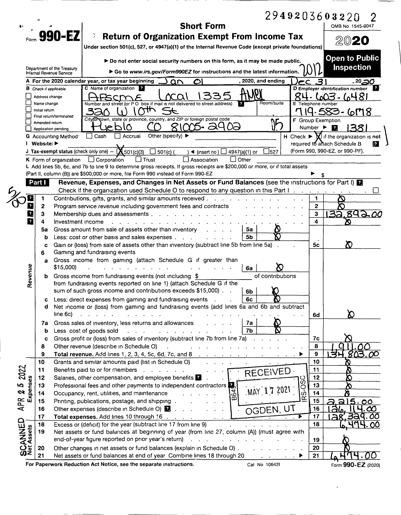 Image of first page of 2020 Form 990EO for American Federation of State County & Municipal Employees - L1335co Pueblo Social Service Empls