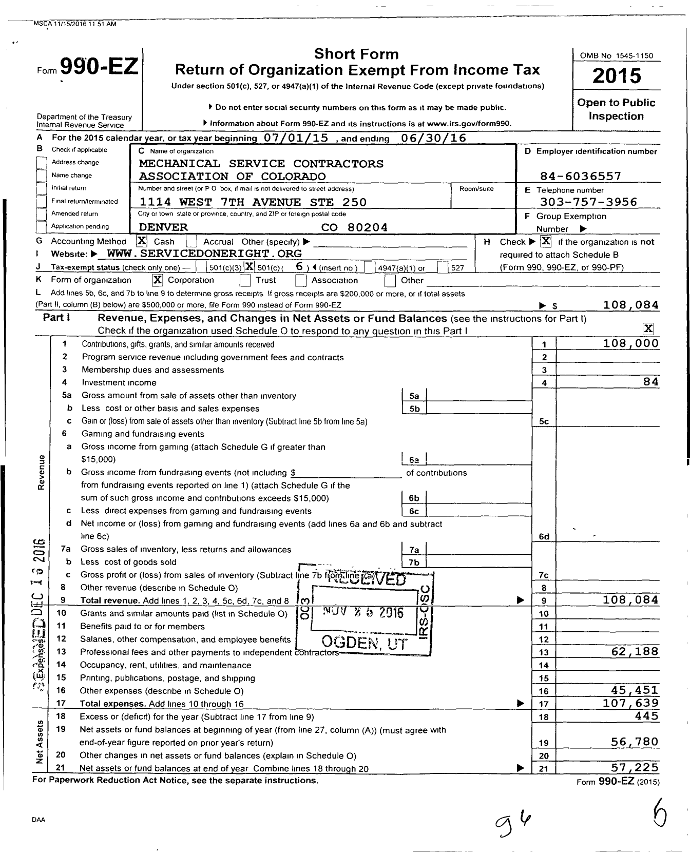 Image of first page of 2015 Form 990EO for Mechanical Service Contractors Association of Colorado