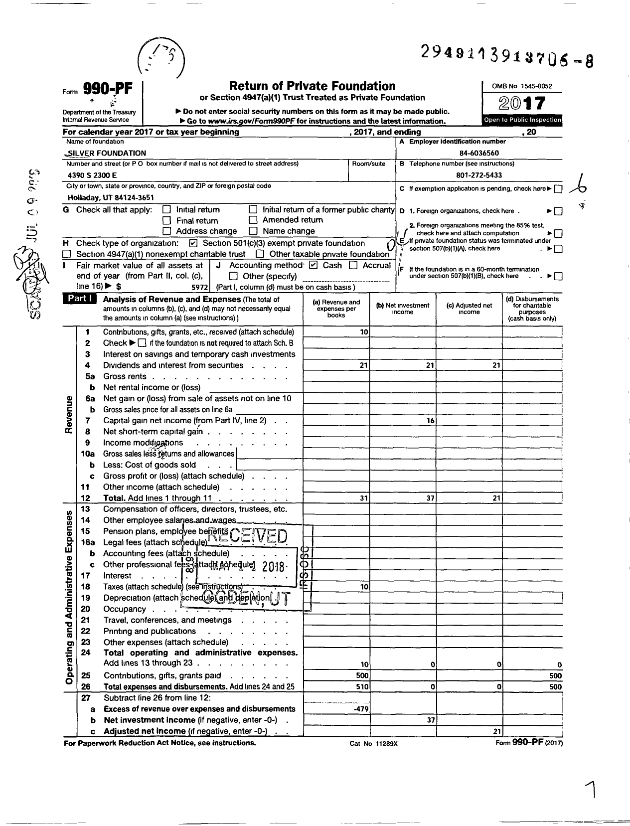 Image of first page of 2017 Form 990PF for Silver Foundation