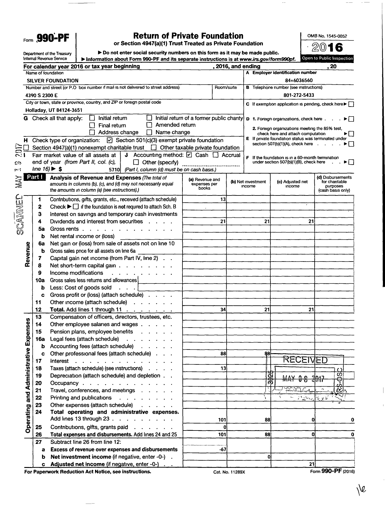 Image of first page of 2016 Form 990PF for Silver Foundation