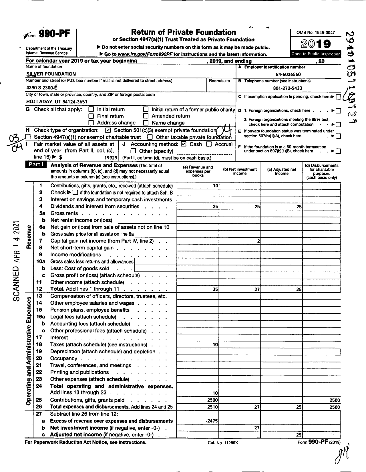 Image of first page of 2019 Form 990PF for Silver Foundation