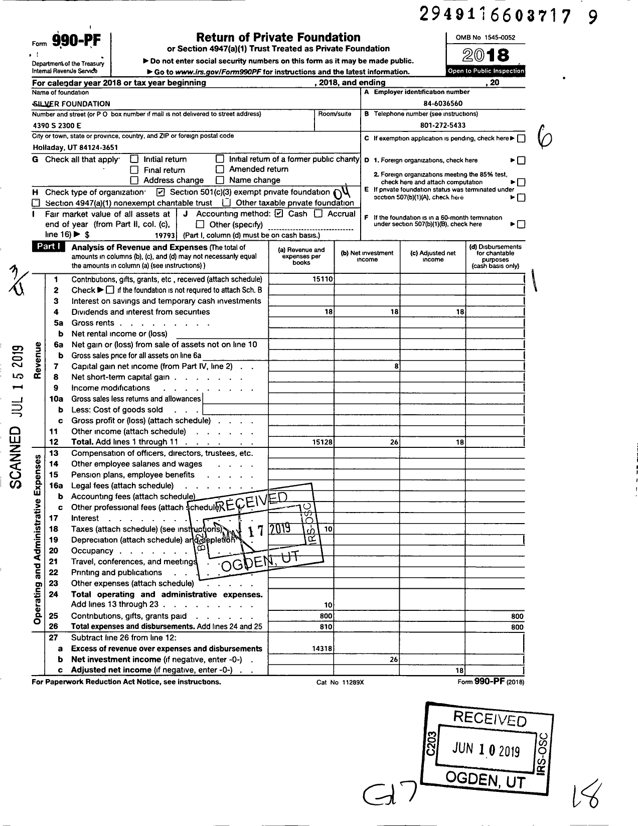 Image of first page of 2018 Form 990PF for Silver Foundation