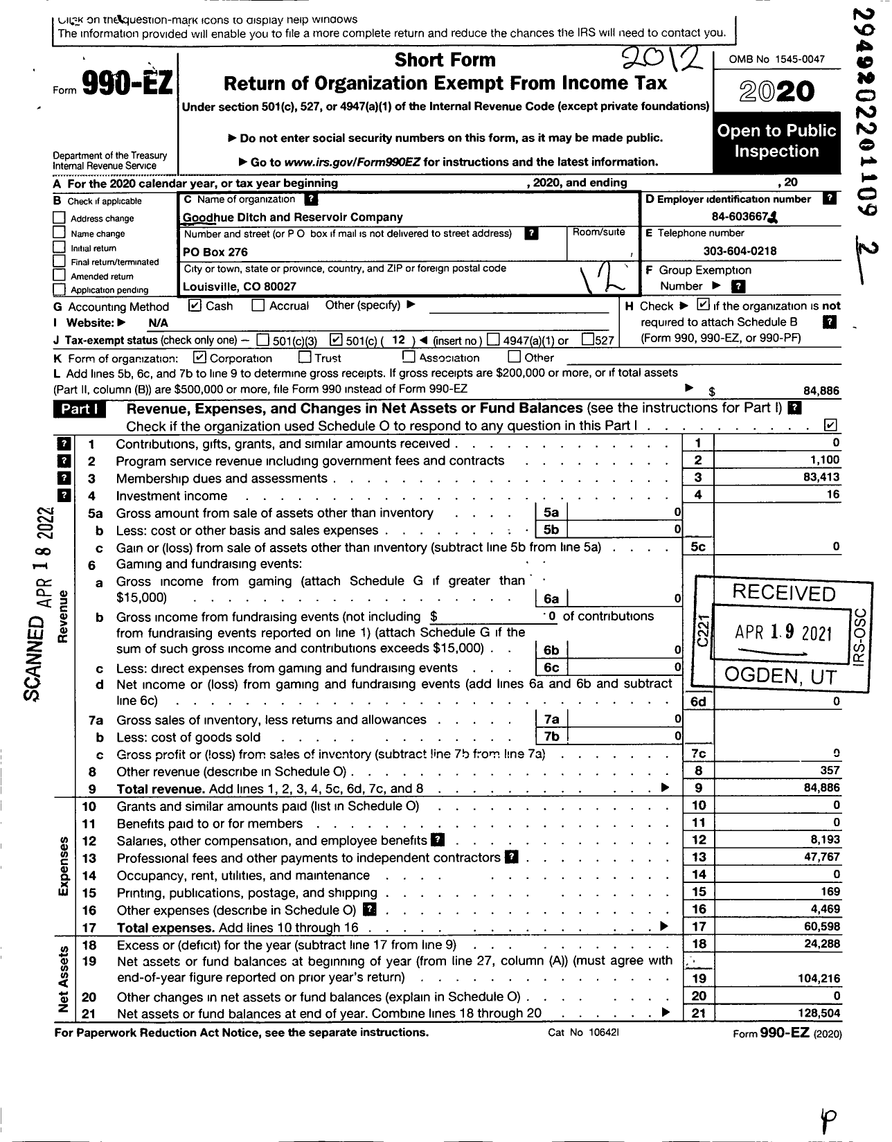 Image of first page of 2020 Form 990EO for Goodhue Ditch and Reservoir Company