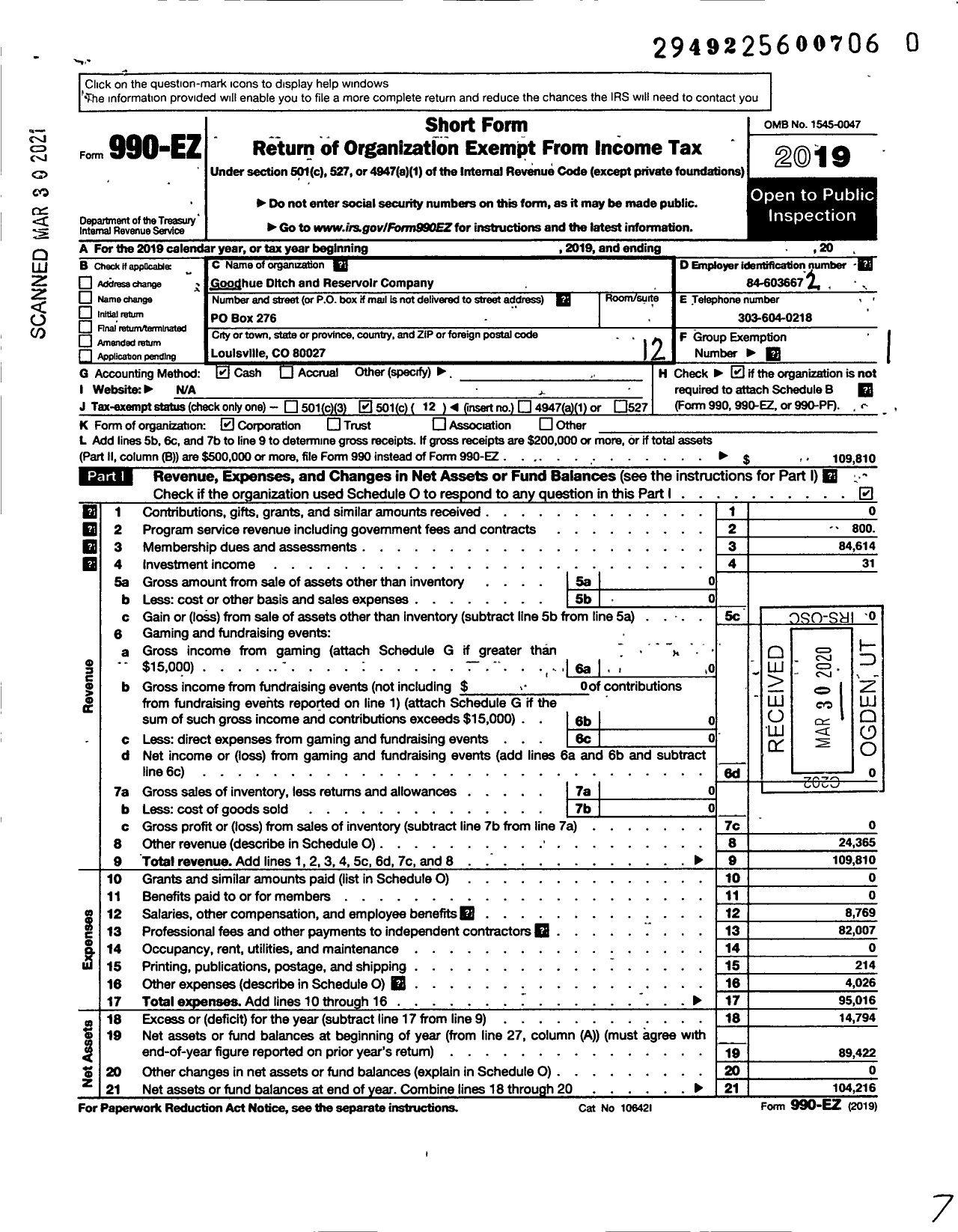 Image of first page of 2019 Form 990EO for Goodhue Ditch and Reservoir Company