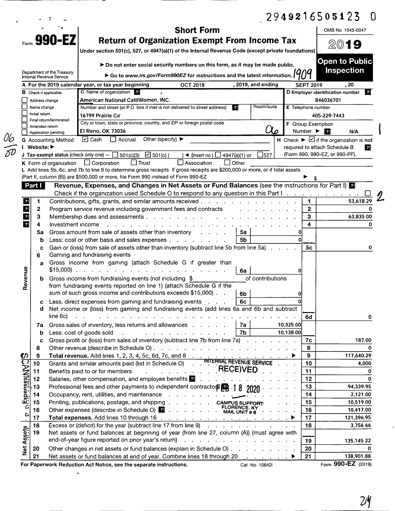 Image of first page of 2018 Form 990EO for American National Cattlewomen