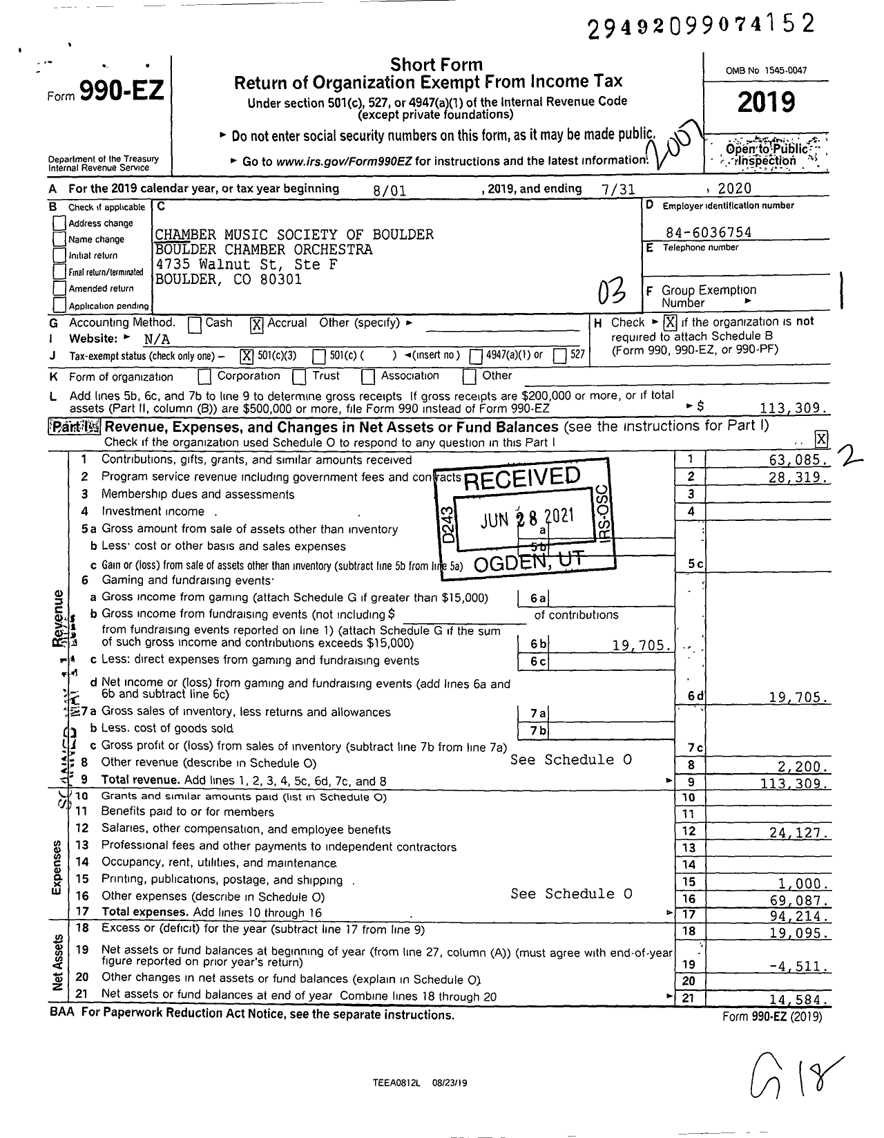 Image of first page of 2019 Form 990EZ for Chamber Music Society of Boulder