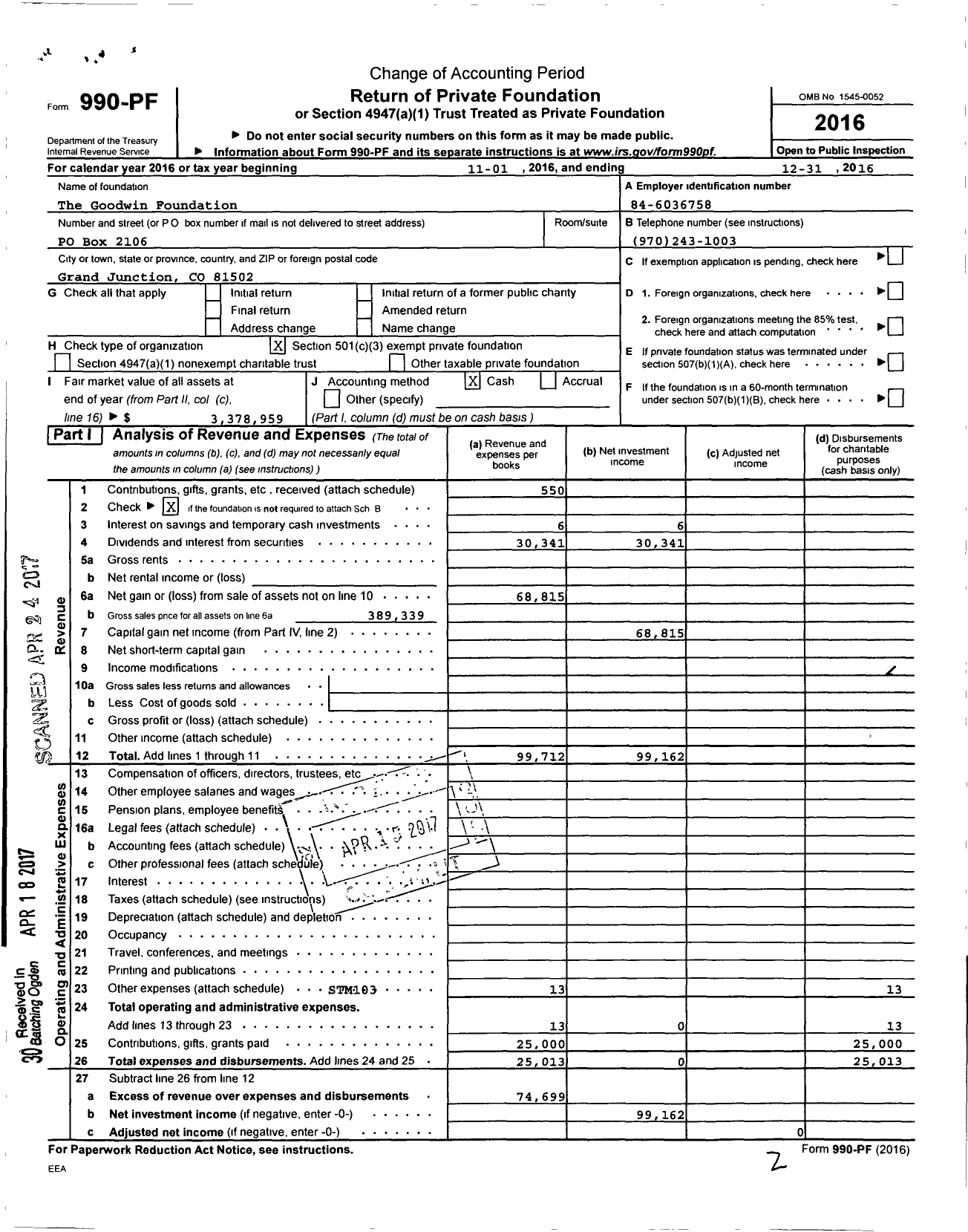 Image of first page of 2016 Form 990PF for The Goodwin Foundation