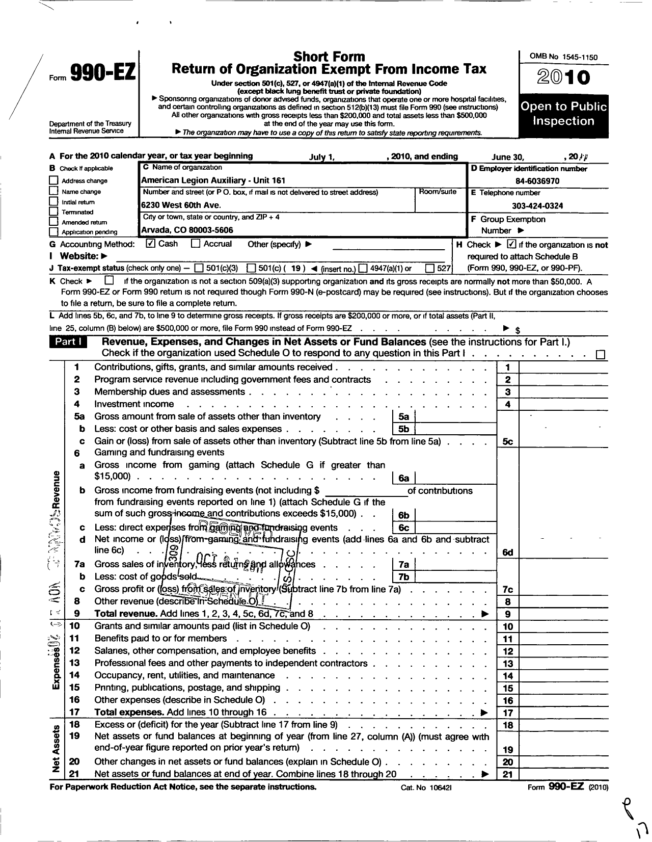 Image of first page of 2010 Form 990EO for American Legion Auxiliary - 161 Wilmore-Richter