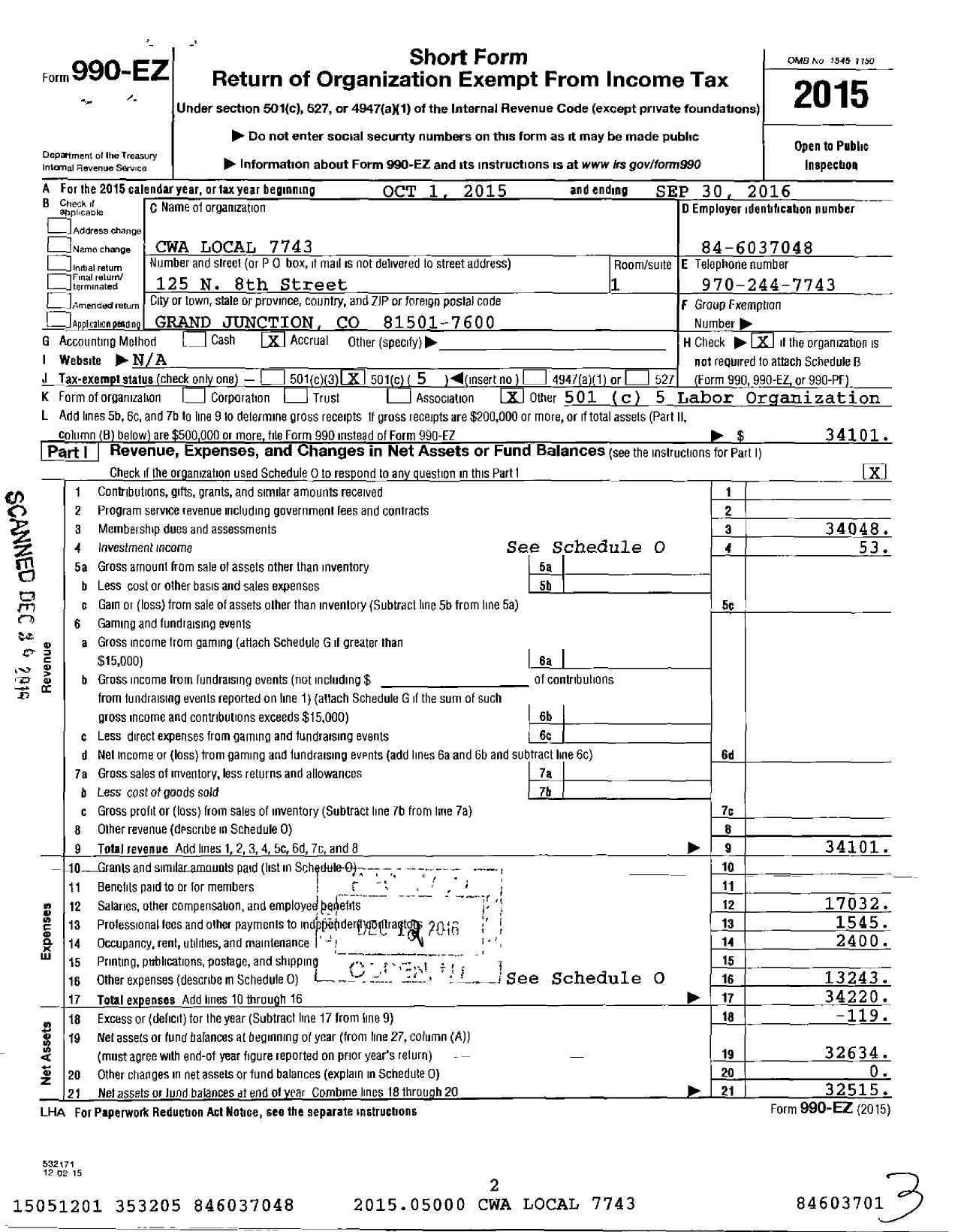 Image of first page of 2015 Form 990EO for Communications Workers of America - 7743 Local