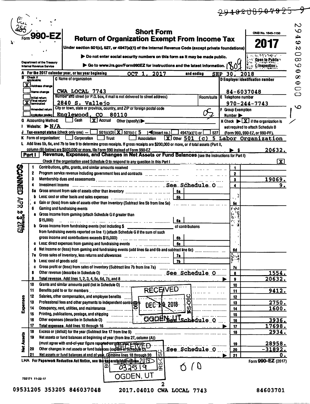 Image of first page of 2017 Form 990EO for Communications Workers of America - 7743 Local