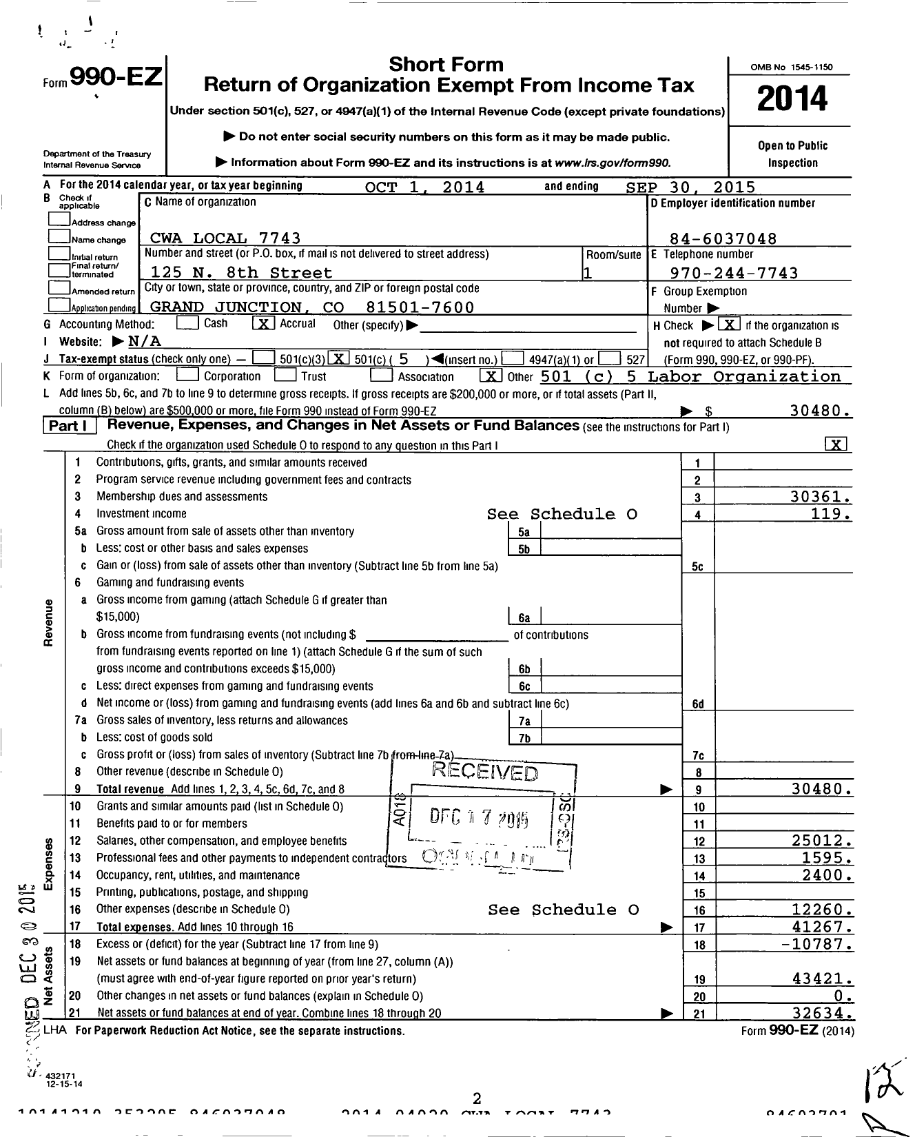 Image of first page of 2014 Form 990EO for Communications Workers of America - 7743 Local