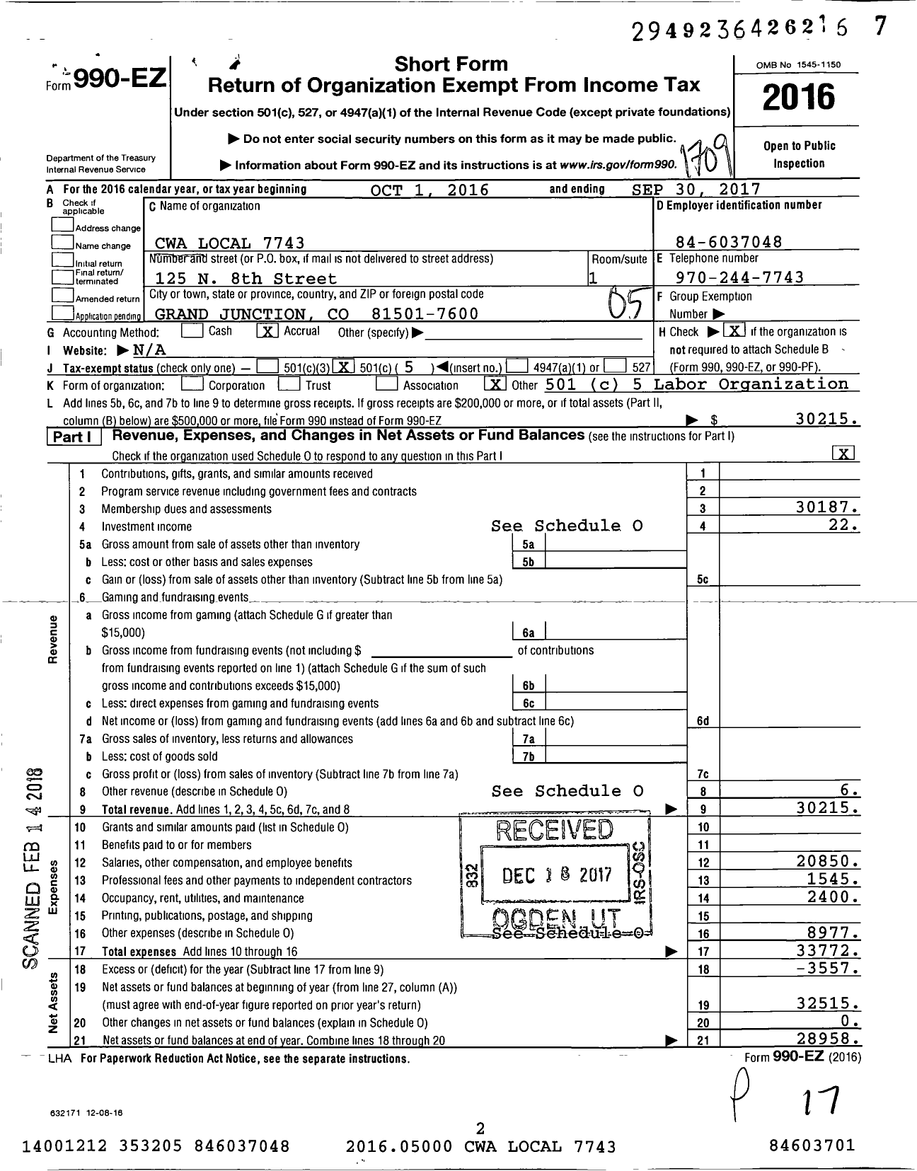 Image of first page of 2016 Form 990EO for Communications Workers of America - 7743 Local