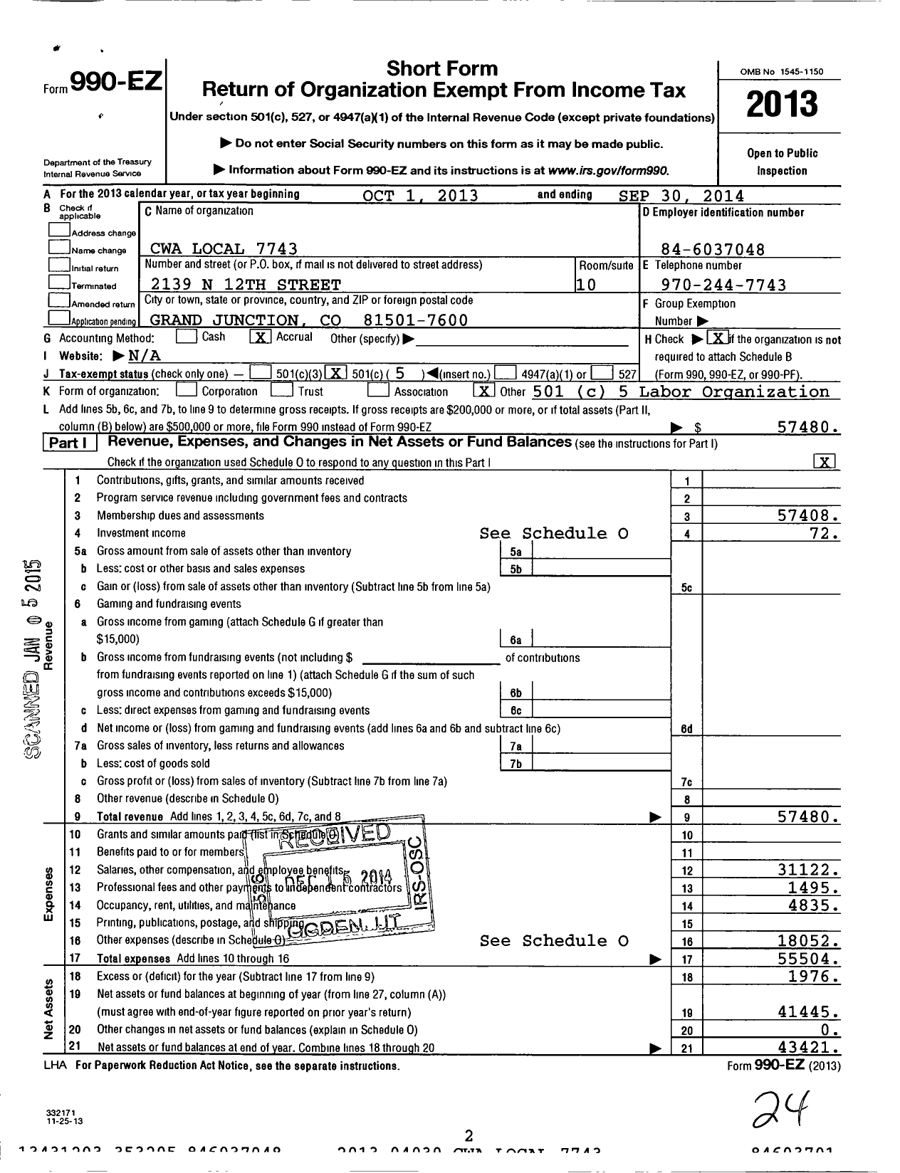 Image of first page of 2013 Form 990EO for Communications Workers of America - 7743 Local